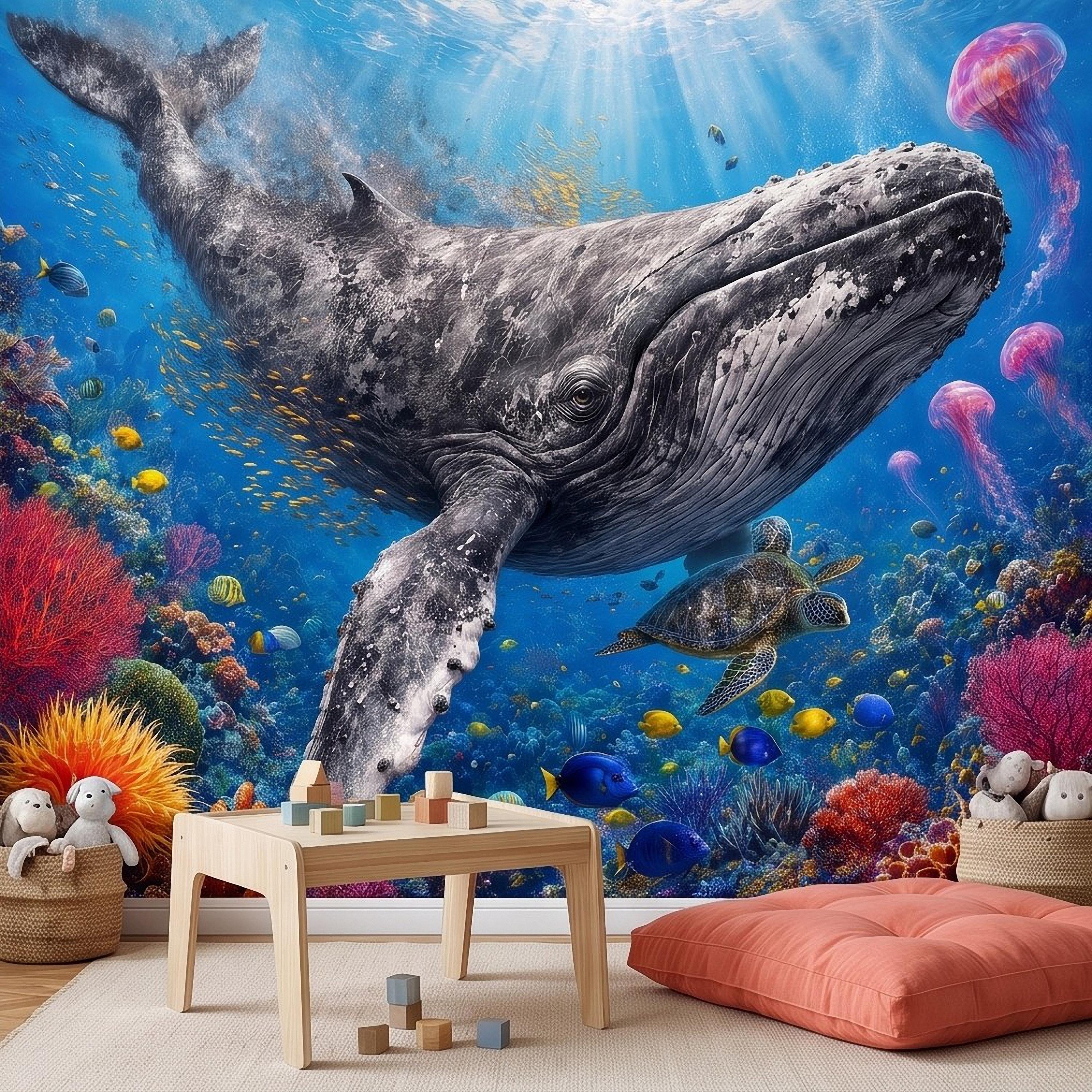 Humpback Whale Peel and Stick Wall Mural, Tropical Coral Reef Sea Turtle Jellyfish Underwater Ocean Life Wallpaper