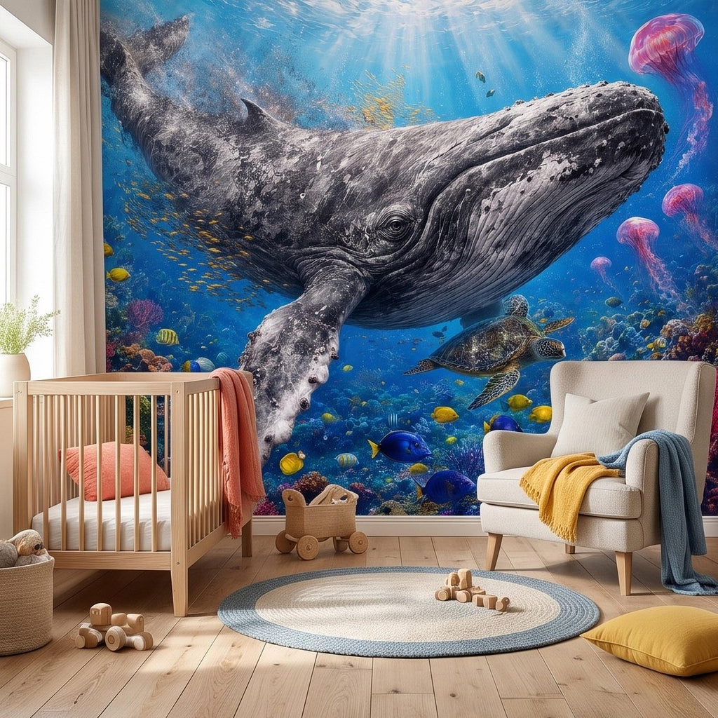 Humpback Whale Peel and Stick Wall Mural, Tropical Coral Reef Sea Turtle Jellyfish Underwater Ocean Life Wallpaper