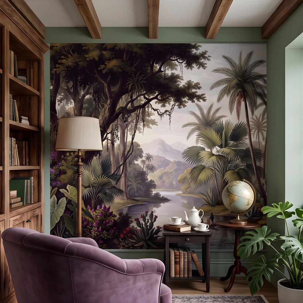 Vintage Tropical Landscape Peel and Stick Wall Mural, Exotic Jungle River, Botanical Palm Paradise Antique Wallpaper