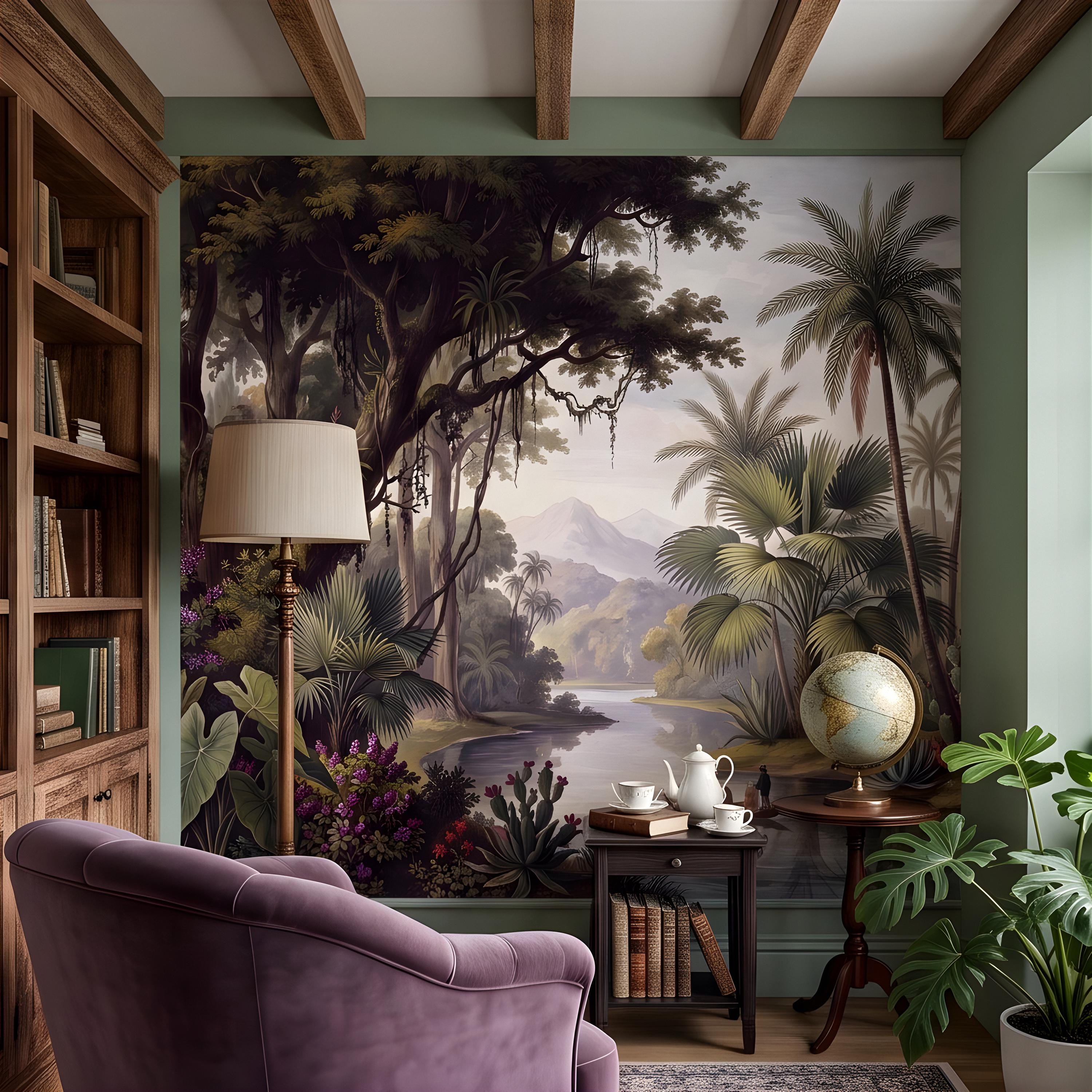 Vintage Tropical Landscape Peel and Stick Wall Mural, Exotic Jungle River, Botanical Palm Paradise Antique Wallpaper