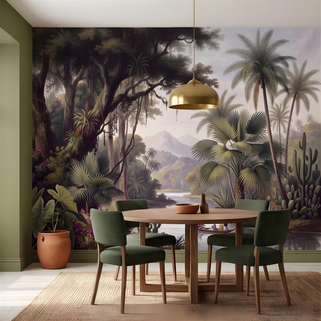 Vintage Tropical Landscape Peel and Stick Wall Mural, Exotic Jungle River, Botanical Palm Paradise Antique Wallpaper