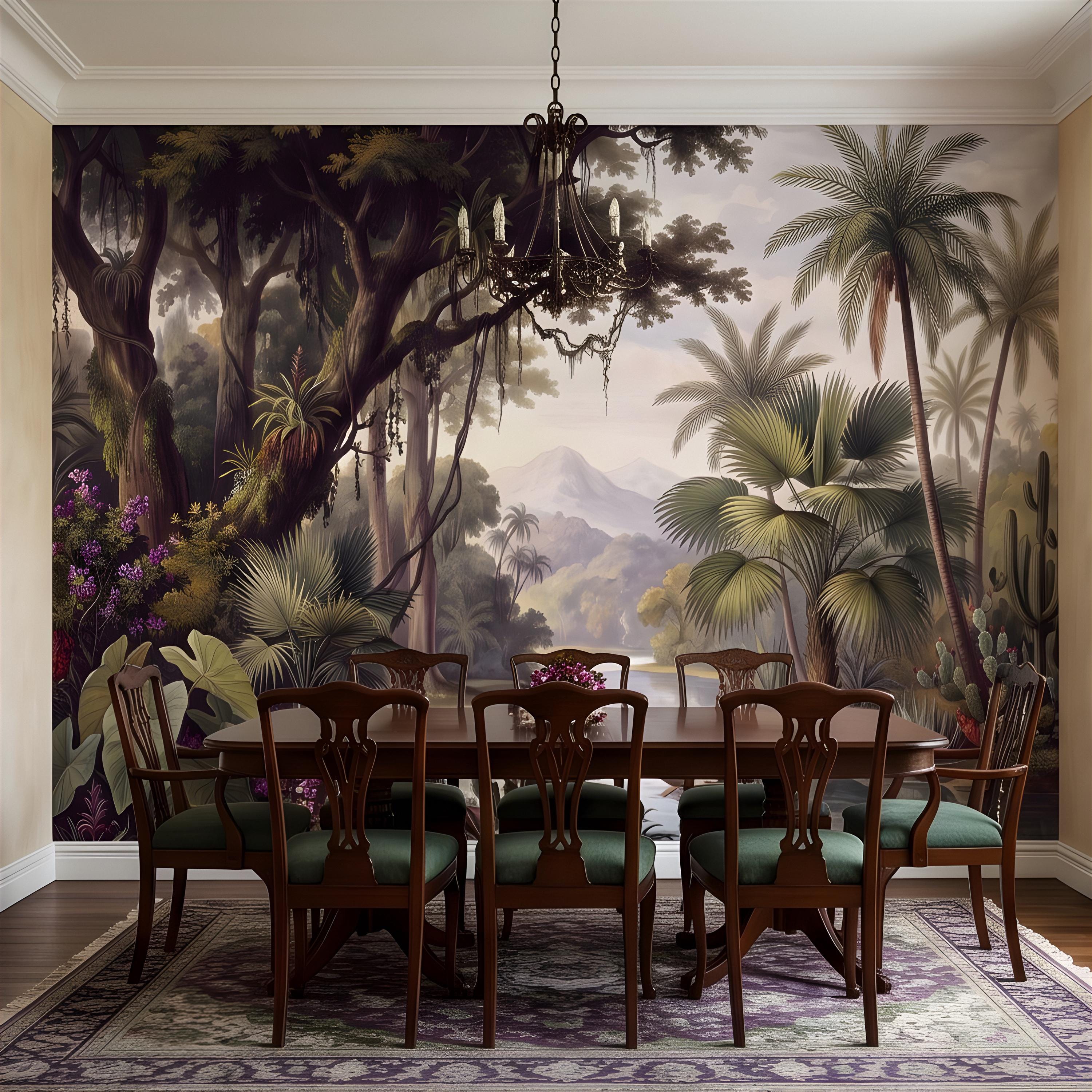 Vintage Tropical Landscape Peel and Stick Wall Mural, Exotic Jungle River, Botanical Palm Paradise Antique Wallpaper