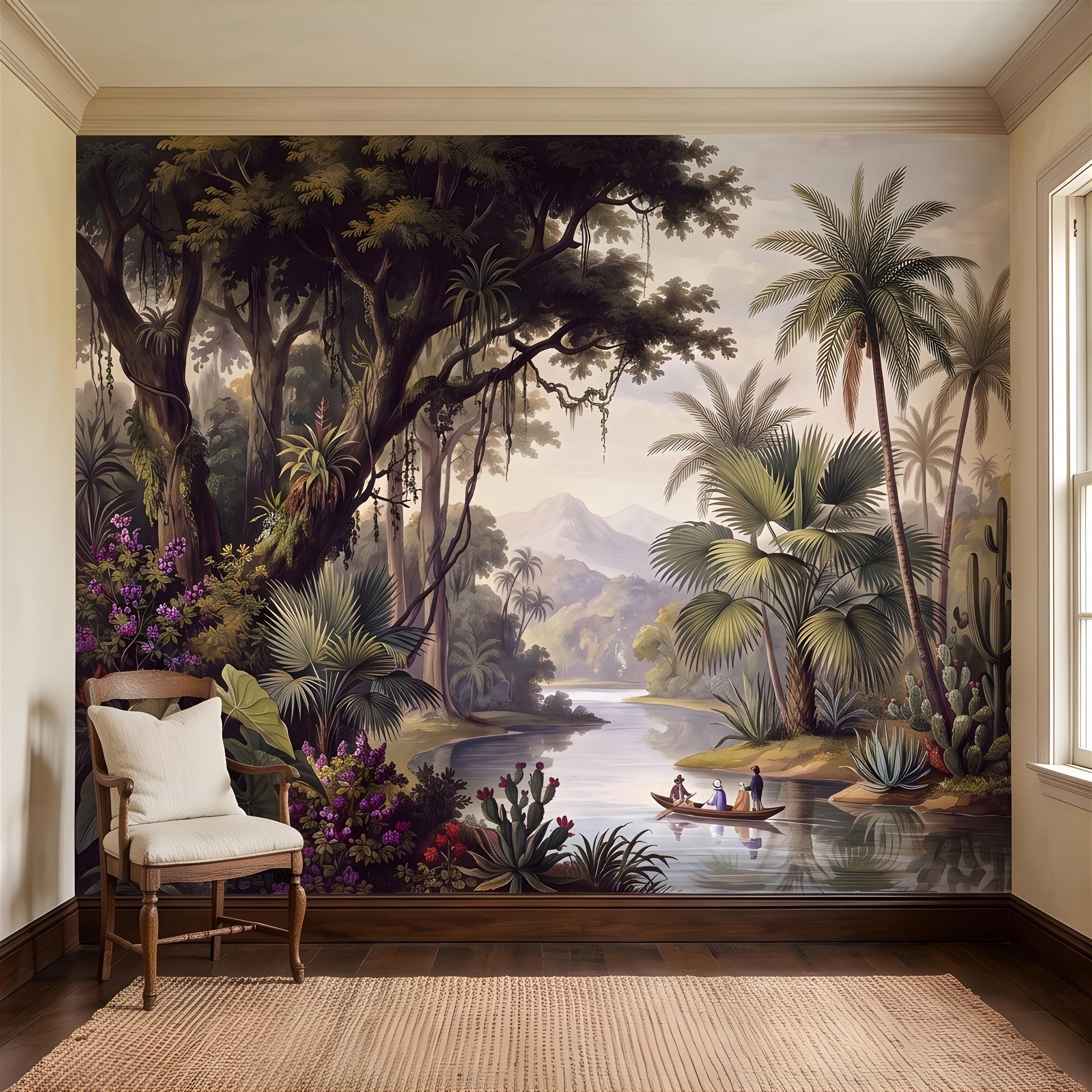 Vintage Tropical Landscape Peel and Stick Wall Mural, Exotic Jungle River, Botanical Palm Paradise Antique Wallpaper