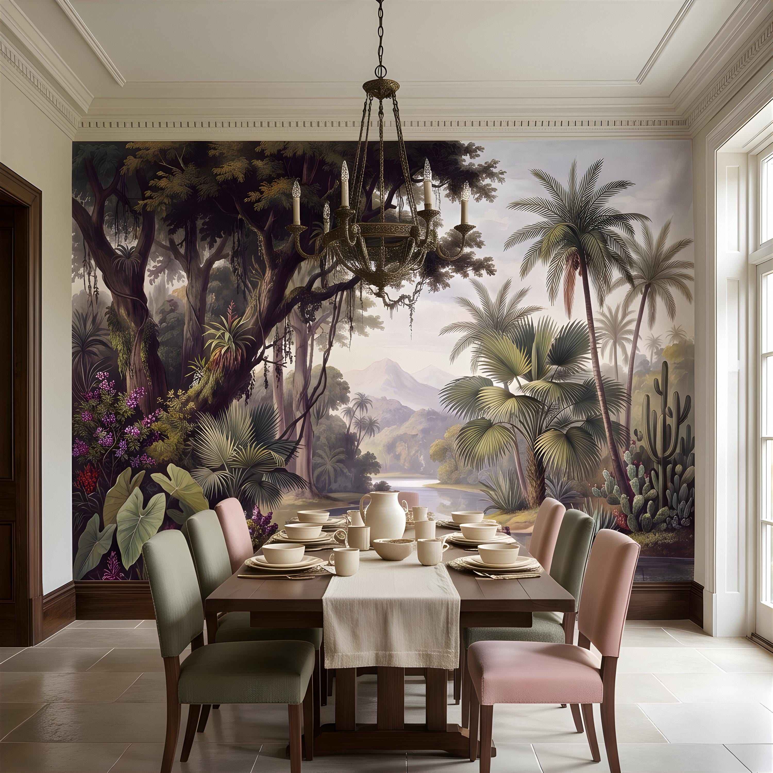 Vintage Tropical Landscape Peel and Stick Wall Mural, Exotic Jungle River, Botanical Palm Paradise Antique Wallpaper