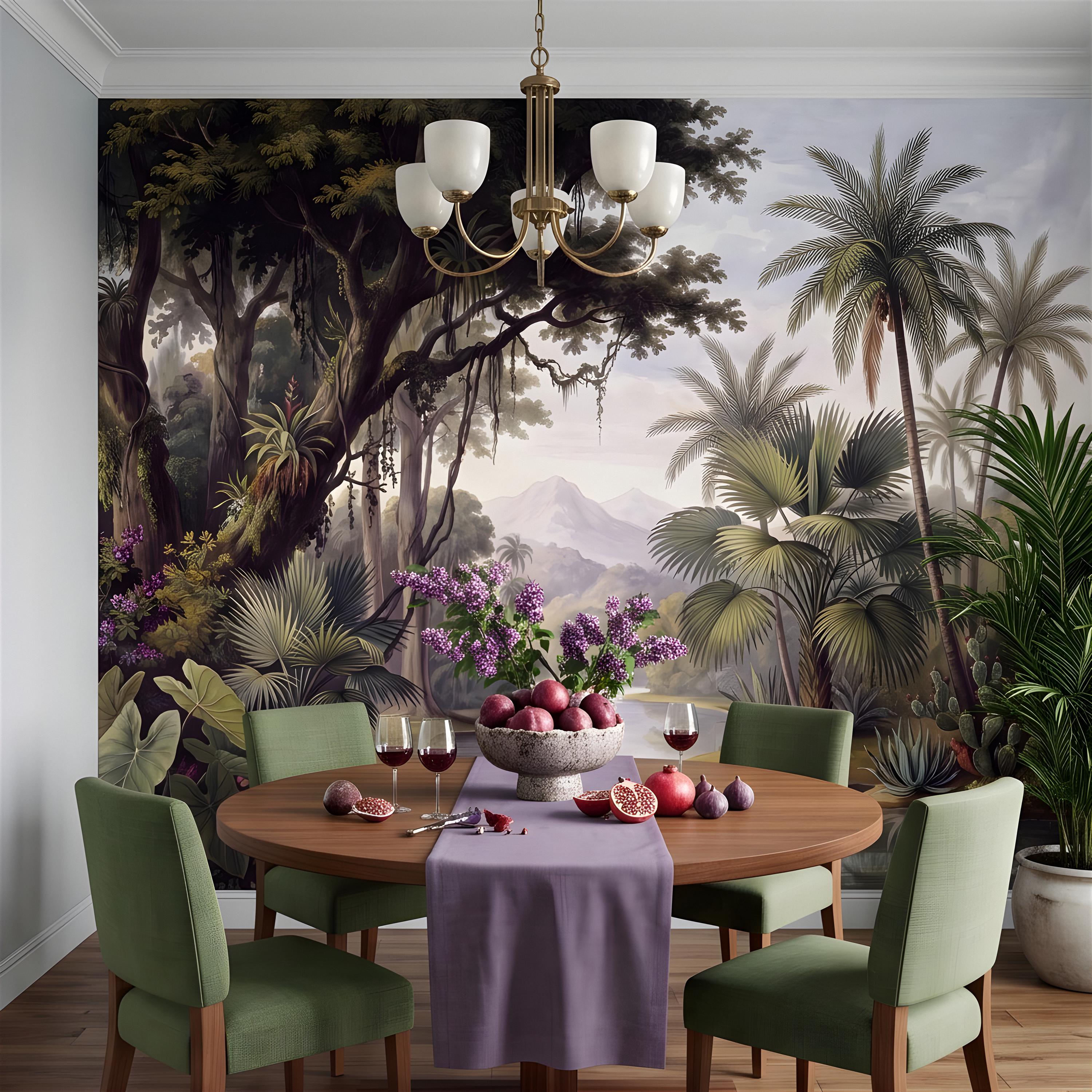 Vintage Tropical Landscape Peel and Stick Wall Mural, Exotic Jungle River, Botanical Palm Paradise Antique Wallpaper