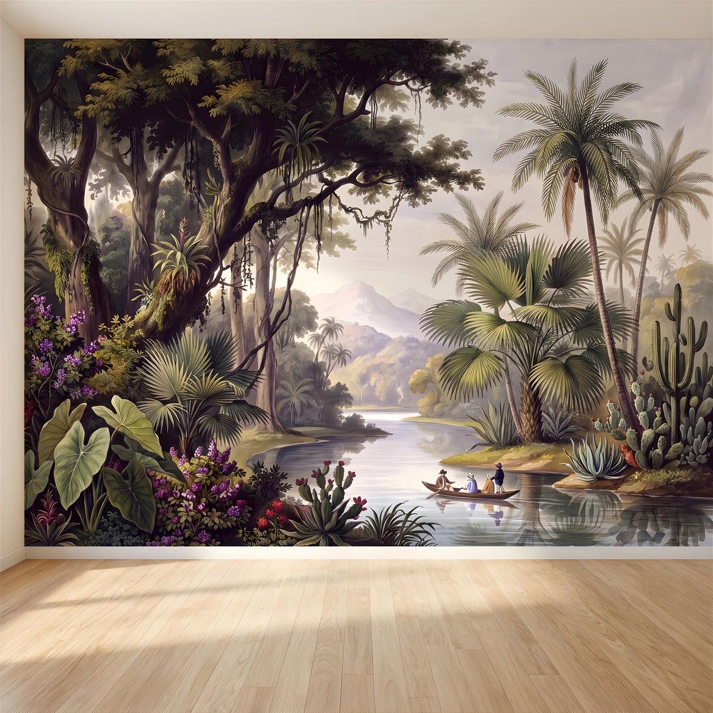 Vintage Tropical Landscape Peel and Stick Wall Mural, Exotic Jungle River, Botanical Palm Paradise Antique Wallpaper