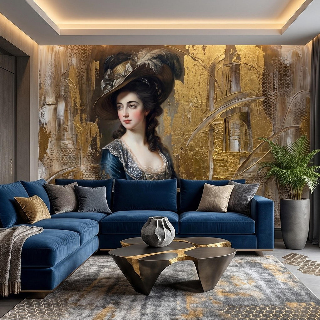 Vintage Portrait Peel and Stick Wall Mural, Elegant Victorian Lady Abstract Gold Accent Mixed Media Classic Wallpaper