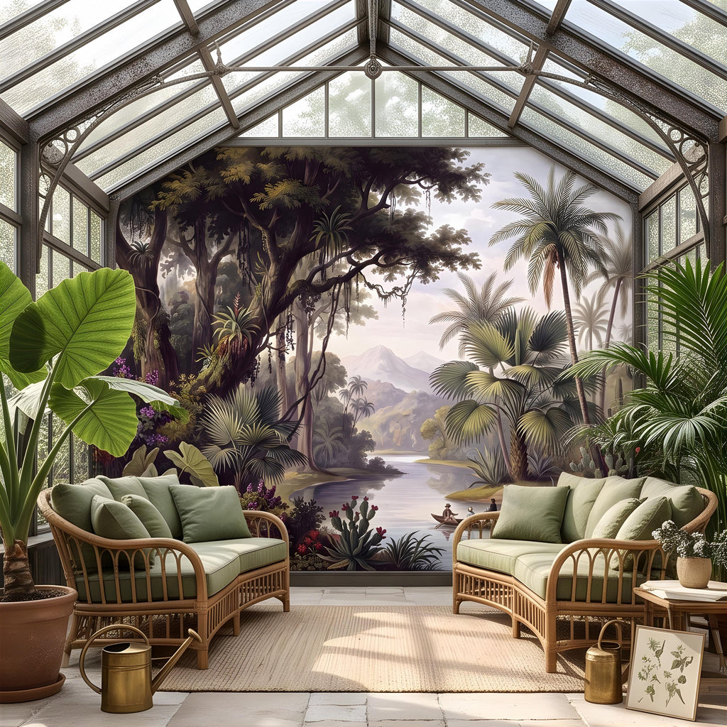 Vintage Tropical Landscape Peel and Stick Wall Mural, Exotic Jungle River, Botanical Palm Paradise Antique Wallpaper