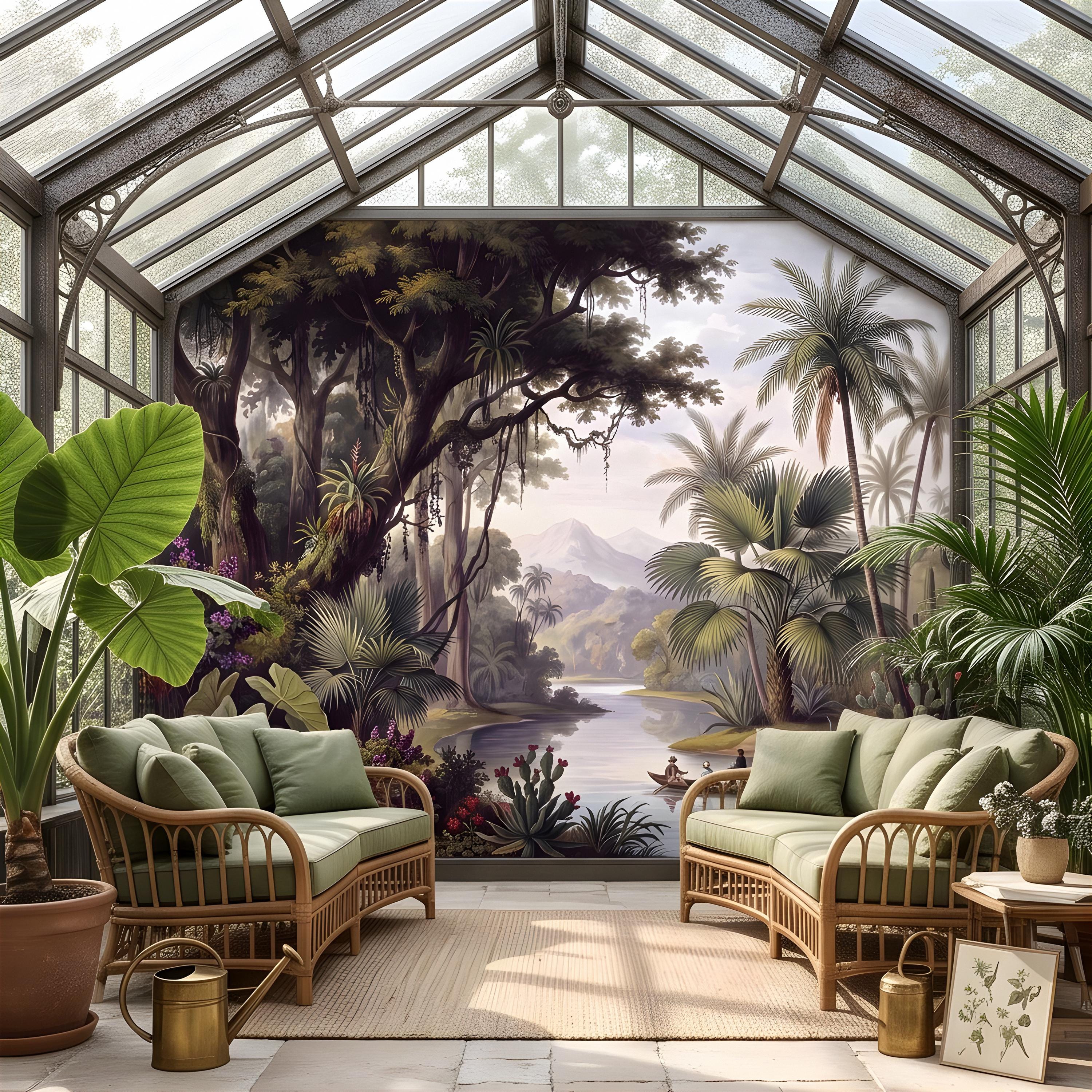 Vintage Tropical Landscape Peel and Stick Wall Mural, Exotic Jungle River, Botanical Palm Paradise Antique Wallpaper