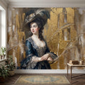 Vintage Portrait Peel and Stick Wall Mural, Elegant Victorian Lady Abstract Gold Accent Mixed Media Classic Wallpaper