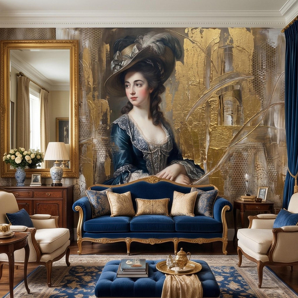 Vintage Portrait Peel and Stick Wall Mural, Elegant Victorian Lady Abstract Gold Accent Mixed Media Classic Wallpaper