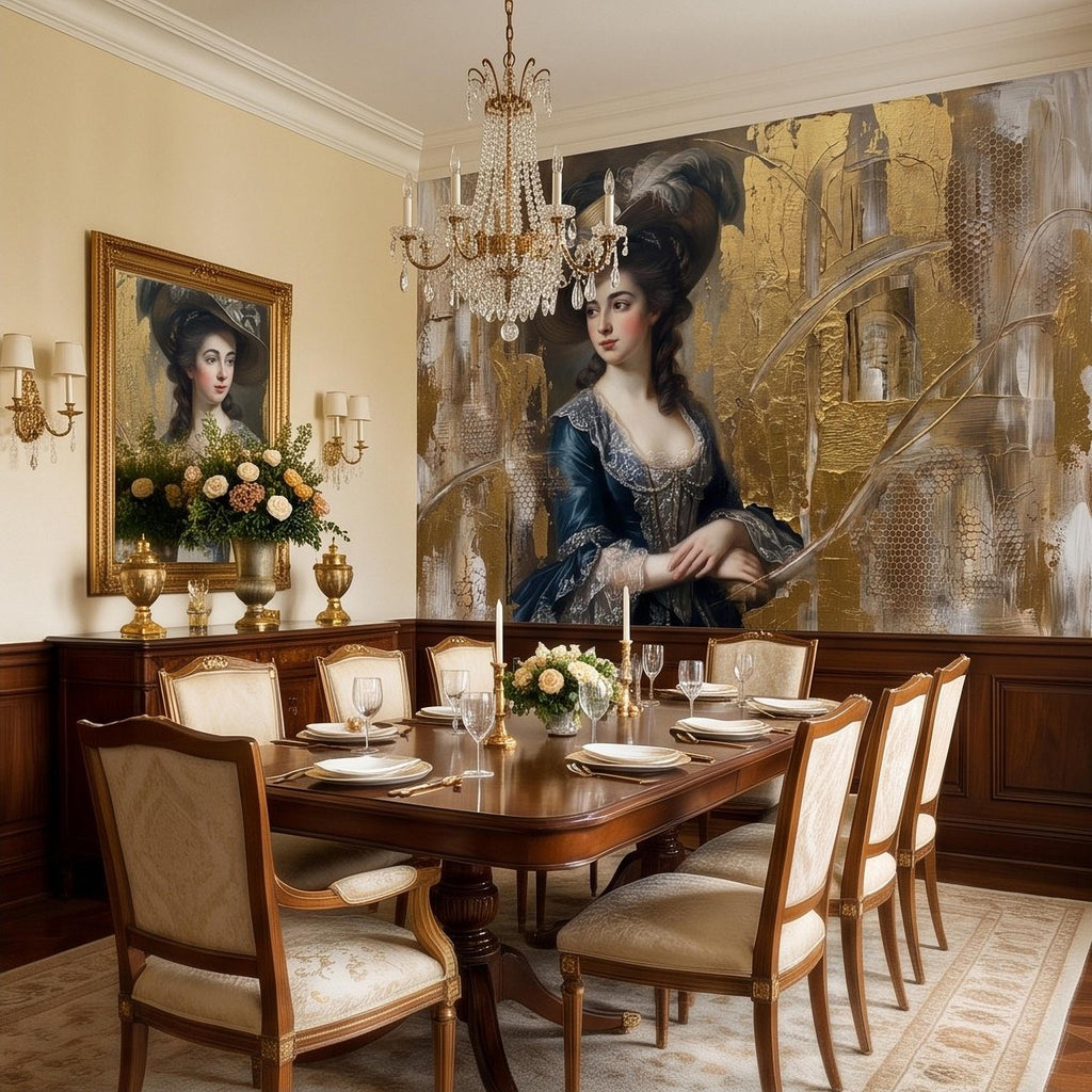 Vintage Portrait Peel and Stick Wall Mural, Elegant Victorian Lady Abstract Gold Accent Mixed Media Classic Wallpaper