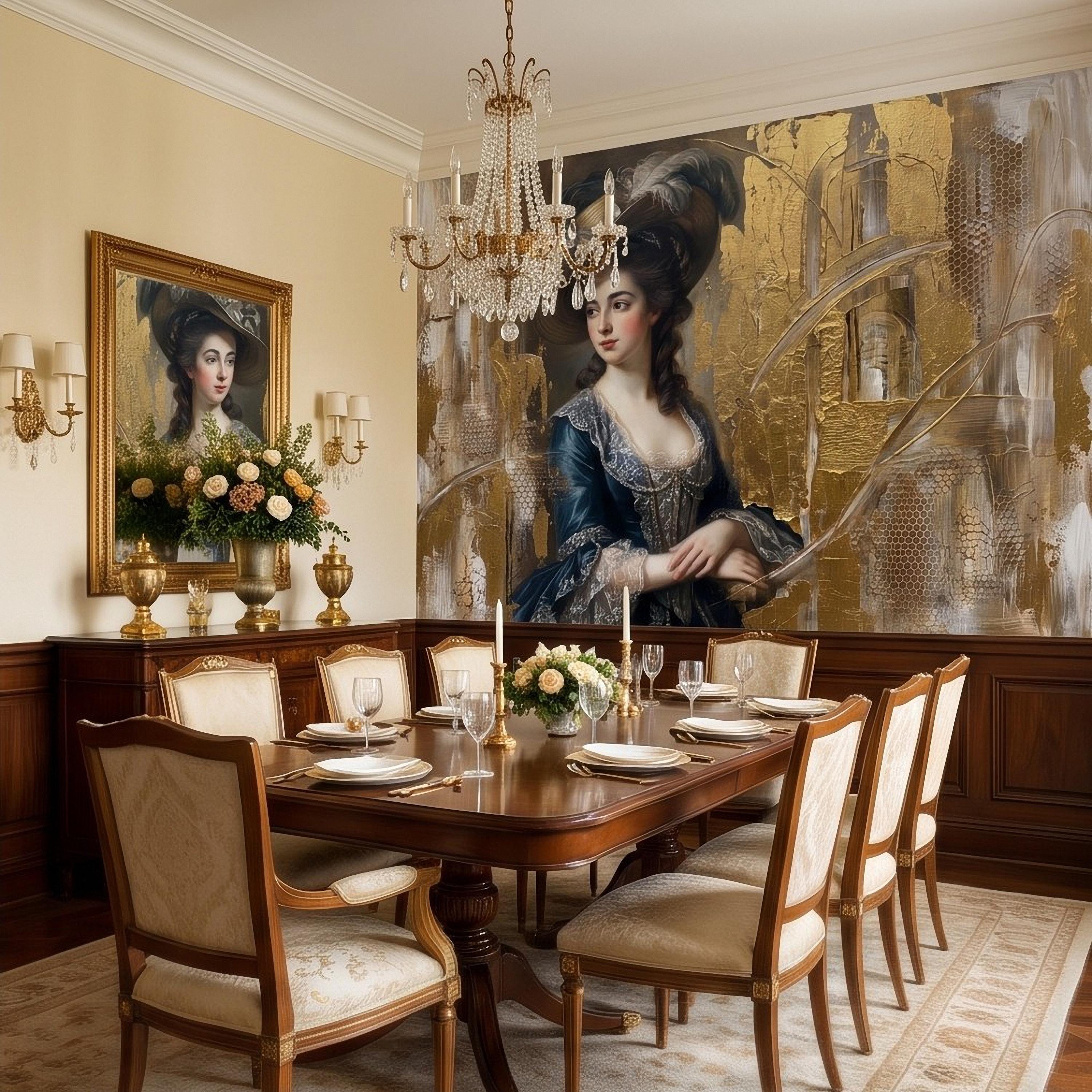 Vintage Portrait Peel and Stick Wall Mural, Elegant Victorian Lady Abstract Gold Accent Mixed Media Classic Wallpaper