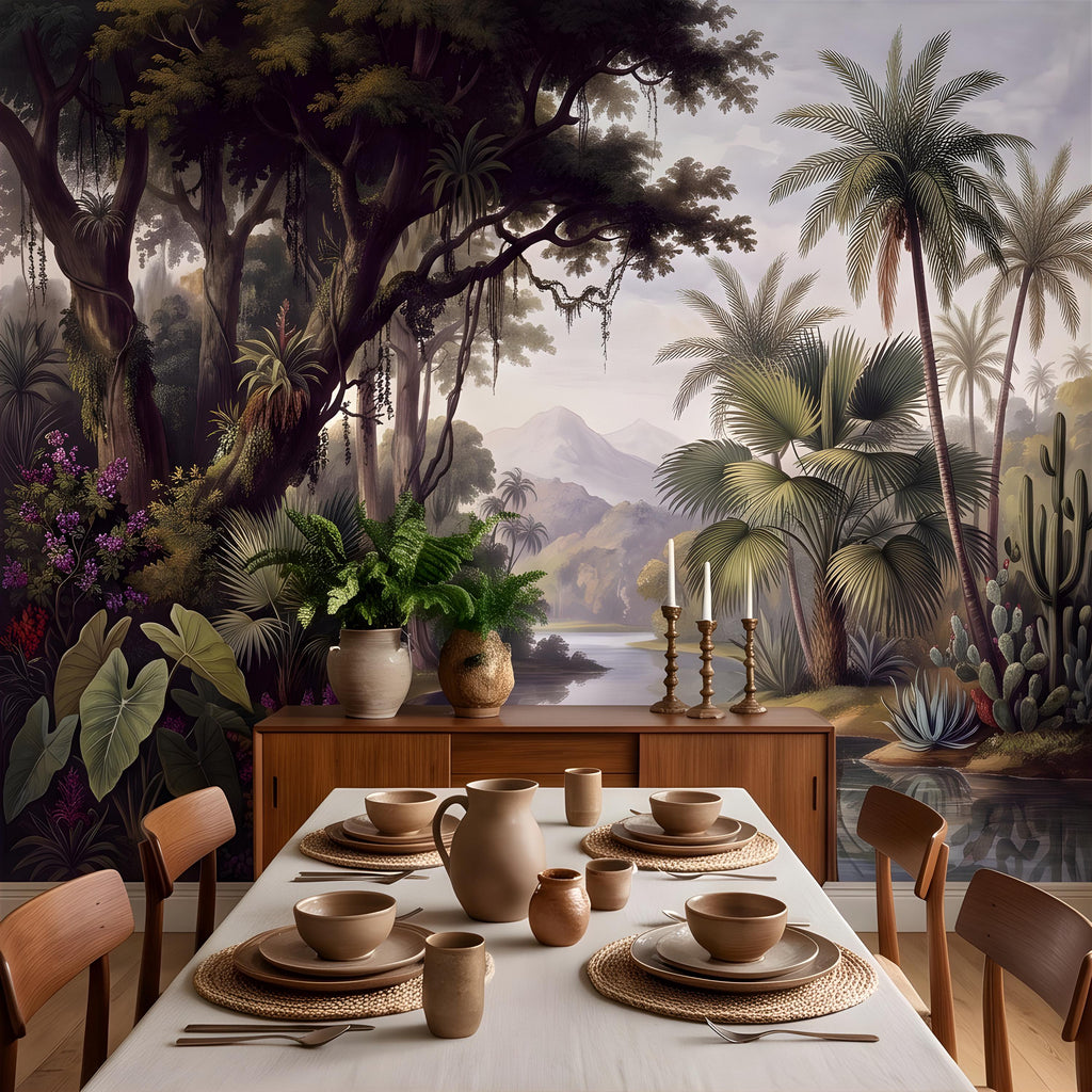 Vintage Tropical Landscape Peel and Stick Wall Mural, Exotic Jungle River, Botanical Palm Paradise Antique Wallpaper