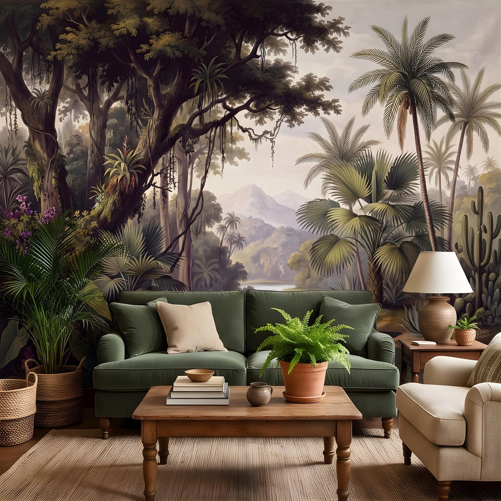 Vintage Tropical Landscape Peel and Stick Wall Mural, Exotic Jungle River, Botanical Palm Paradise Antique Wallpaper