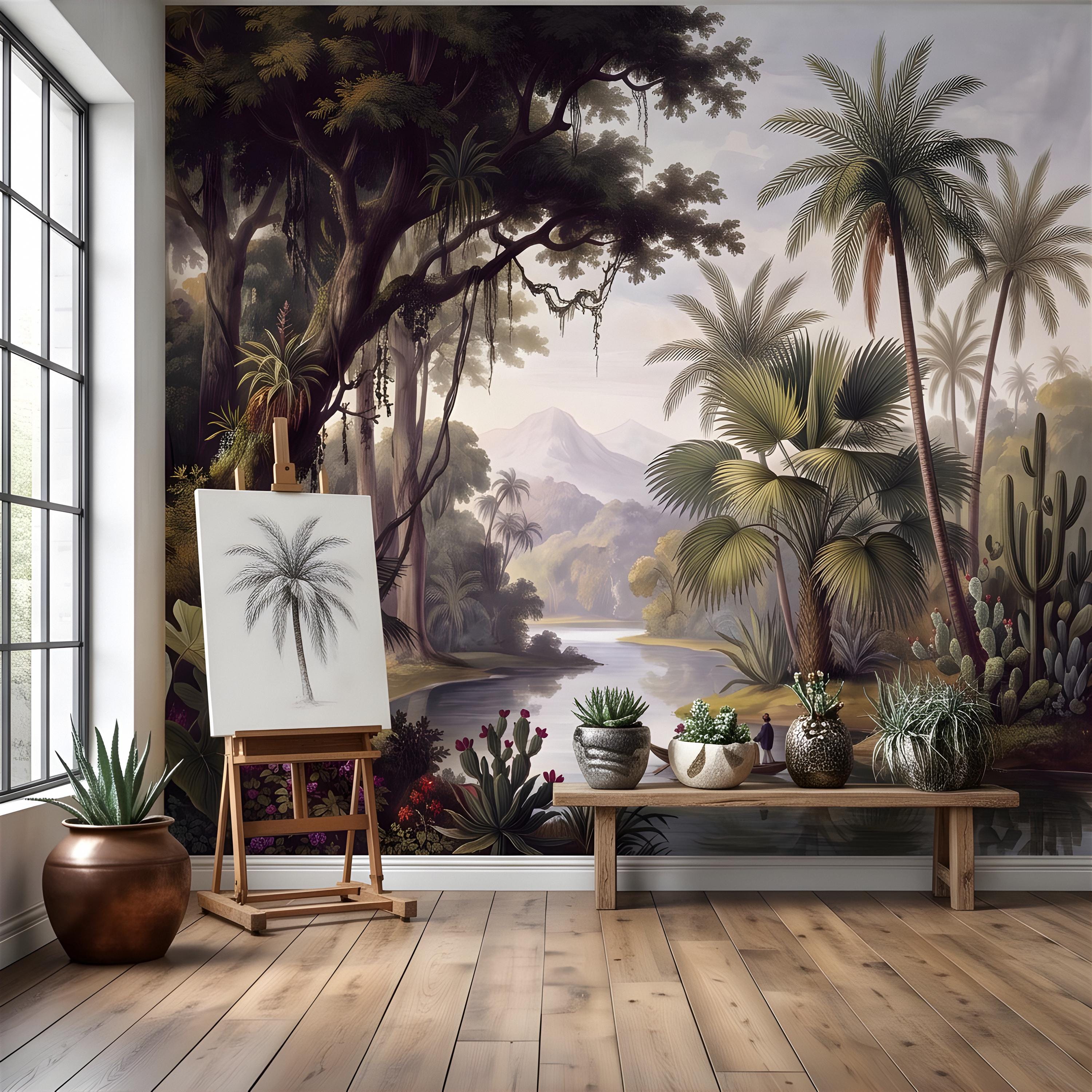 Vintage Tropical Landscape Peel and Stick Wall Mural, Exotic Jungle River, Botanical Palm Paradise Antique Wallpaper