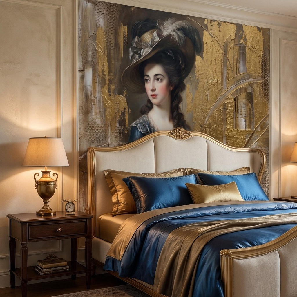 Vintage Portrait Peel and Stick Wall Mural, Elegant Victorian Lady Abstract Gold Accent Mixed Media Classic Wallpaper