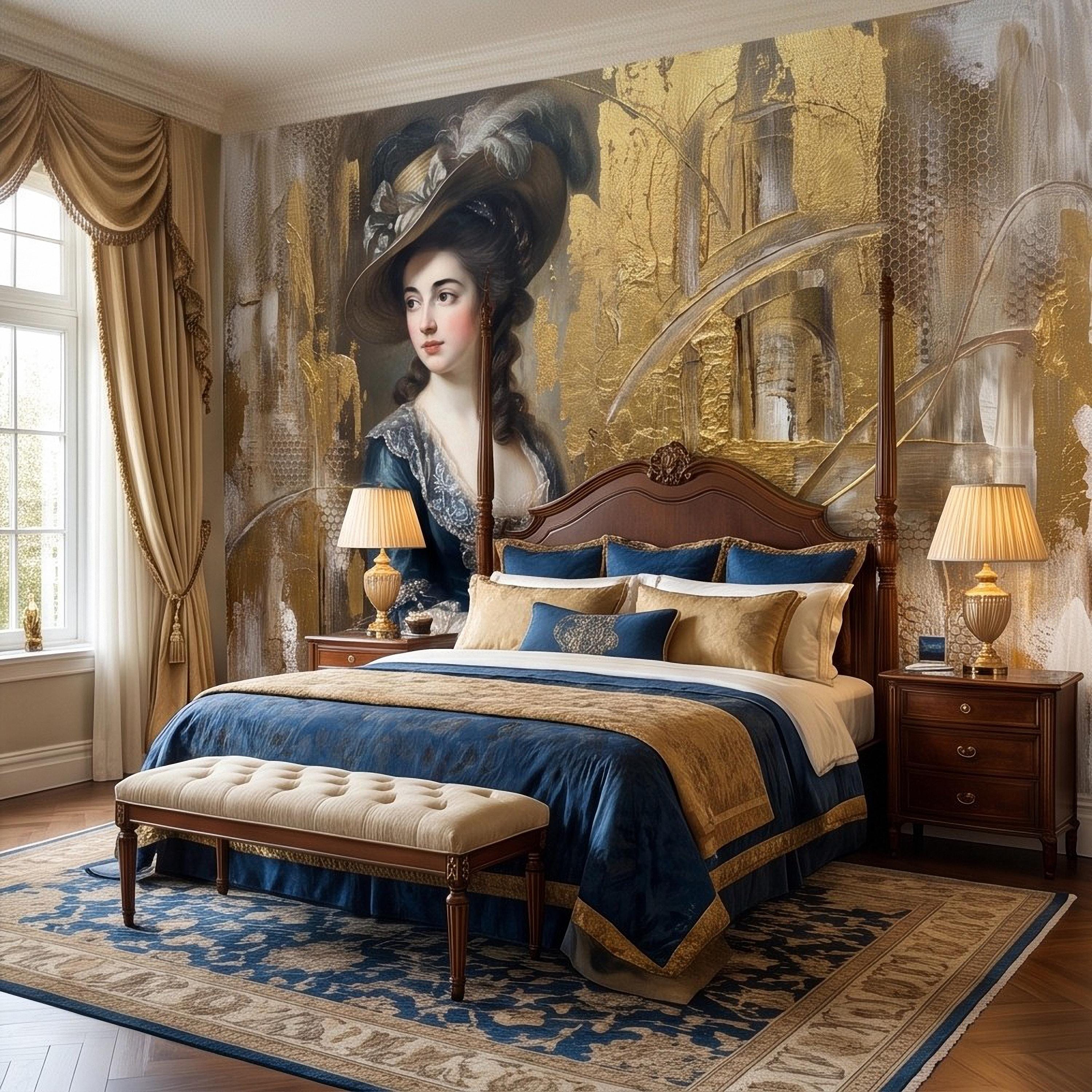 Vintage Portrait Peel and Stick Wall Mural, Elegant Victorian Lady Abstract Gold Accent Mixed Media Classic Wallpaper
