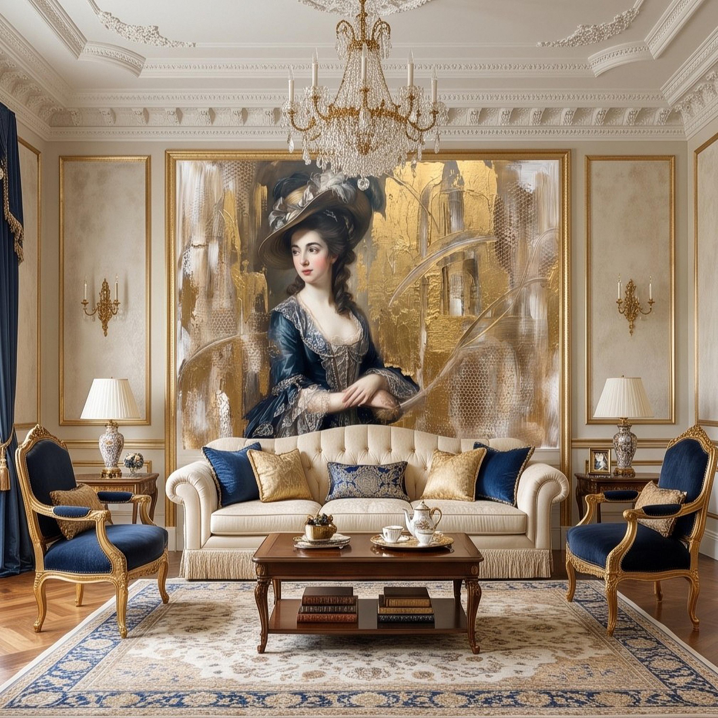 Vintage Portrait Peel and Stick Wall Mural, Elegant Victorian Lady Abstract Gold Accent Mixed Media Classic Wallpaper