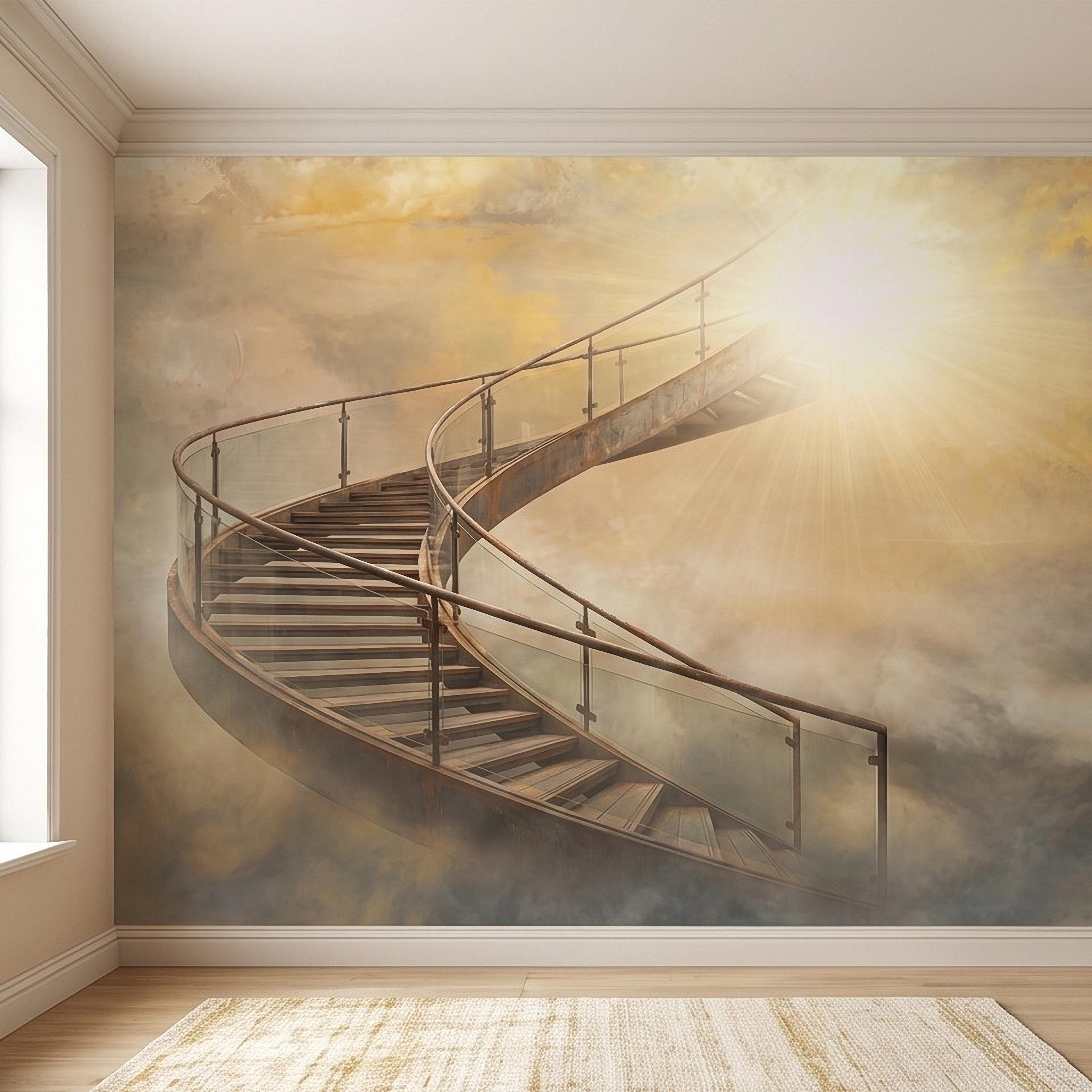 Stairway to Heaven Peel and Stick Wall Mural, Golden Clouds Heavenly Light Spiritual Sky Dreamscape Fantasy Wallpaper