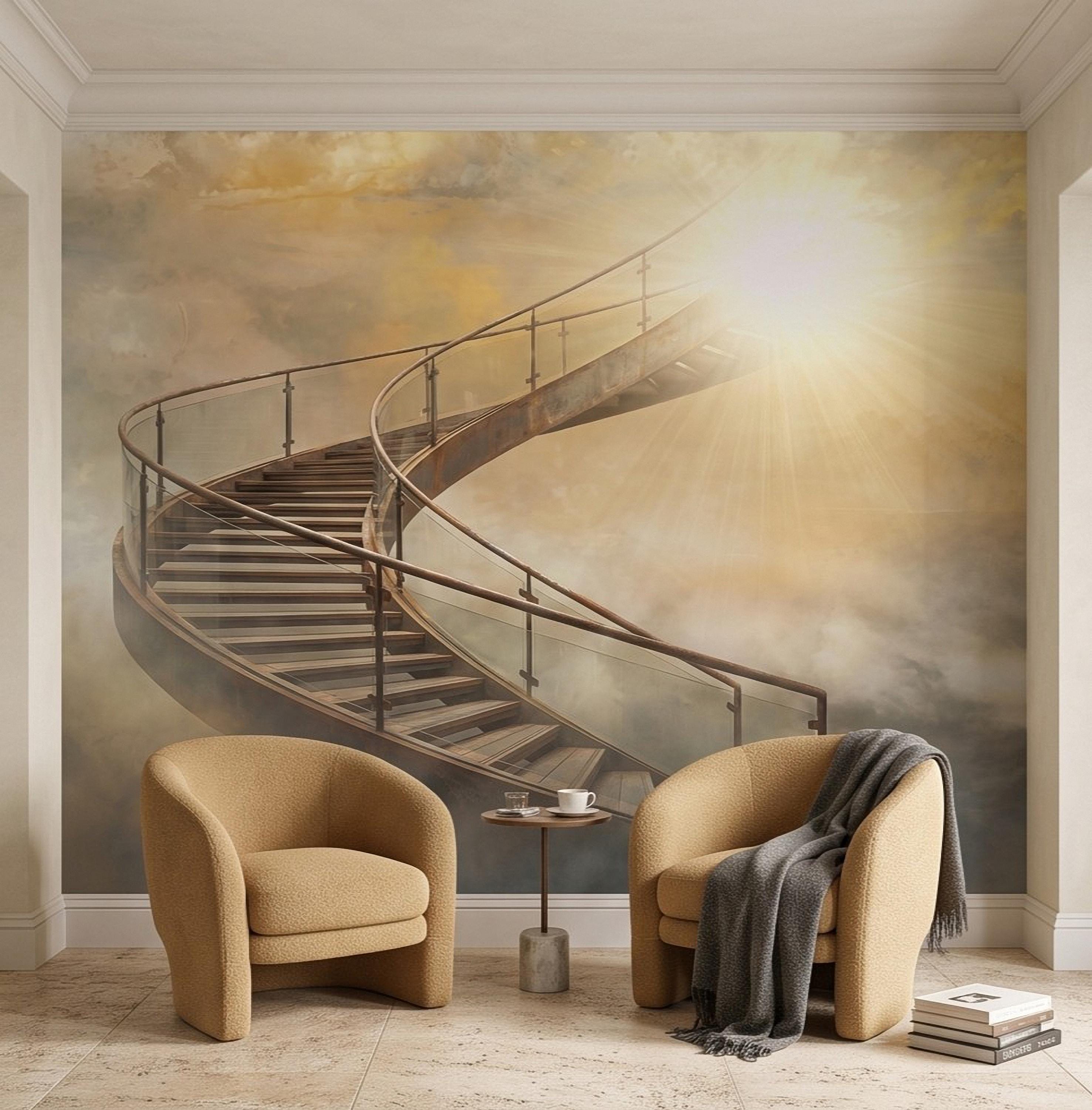 Stairway to Heaven Peel and Stick Wall Mural, Golden Clouds Heavenly Light Spiritual Sky Dreamscape Fantasy Wallpaper