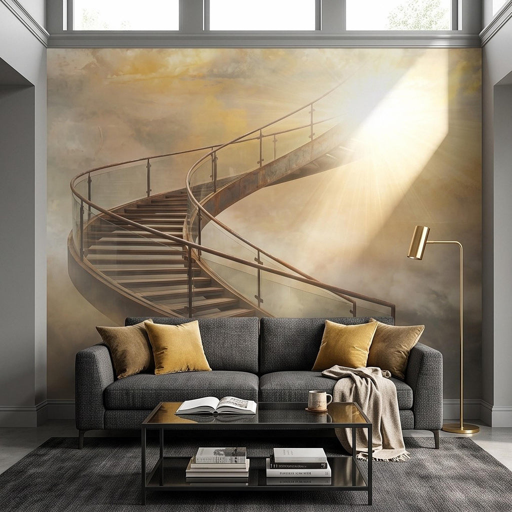Stairway to Heaven Peel and Stick Wall Mural, Golden Clouds Heavenly Light Spiritual Sky Dreamscape Fantasy Wallpaper