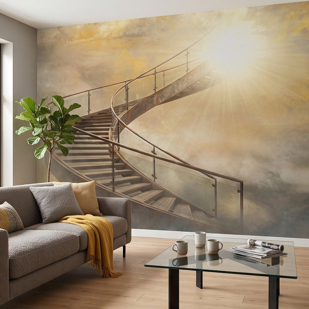 Stairway to Heaven Peel and Stick Wall Mural, Golden Clouds Heavenly Light Spiritual Sky Dreamscape Fantasy Wallpaper