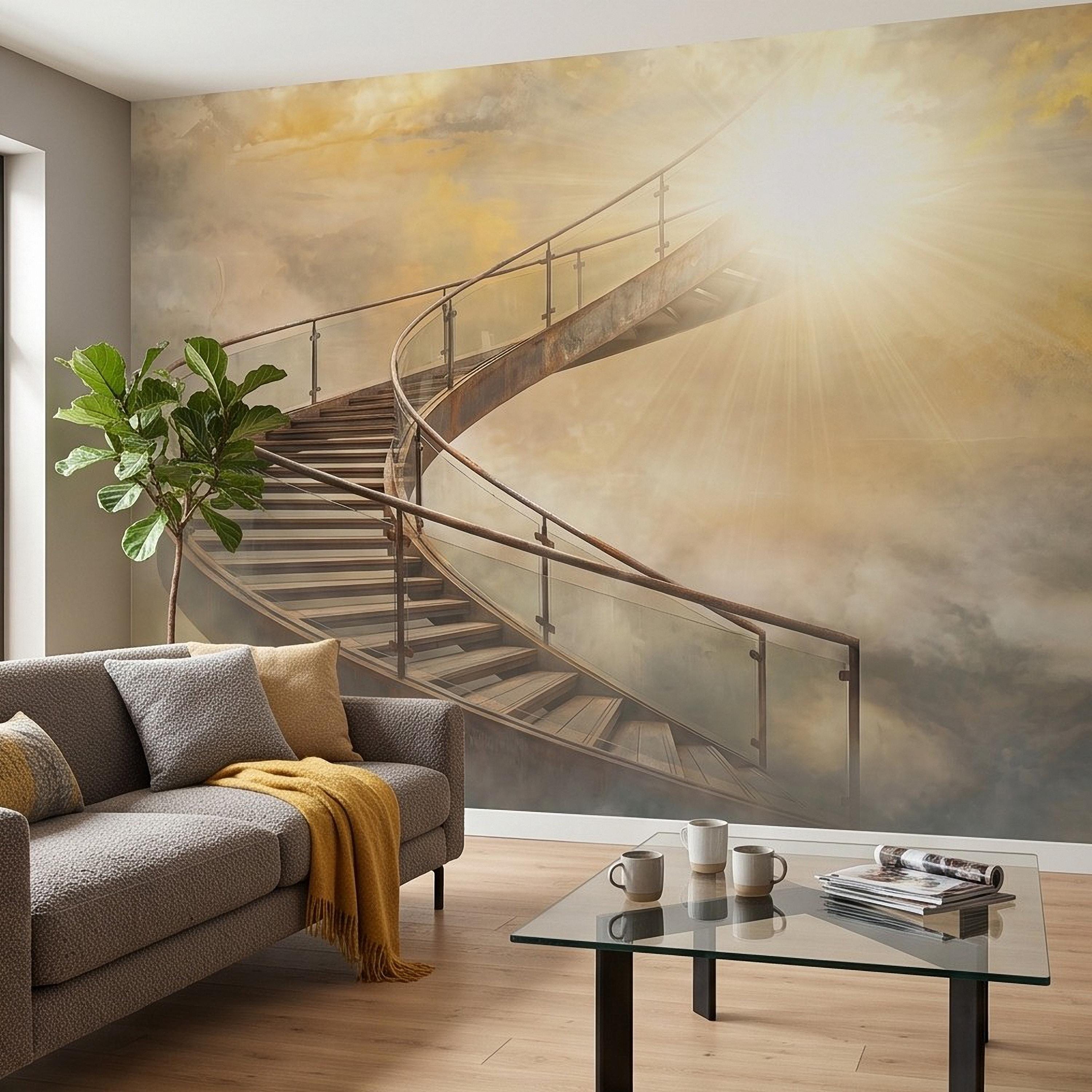 Stairway to Heaven Peel and Stick Wall Mural, Golden Clouds Heavenly Light Spiritual Sky Dreamscape Fantasy Wallpaper