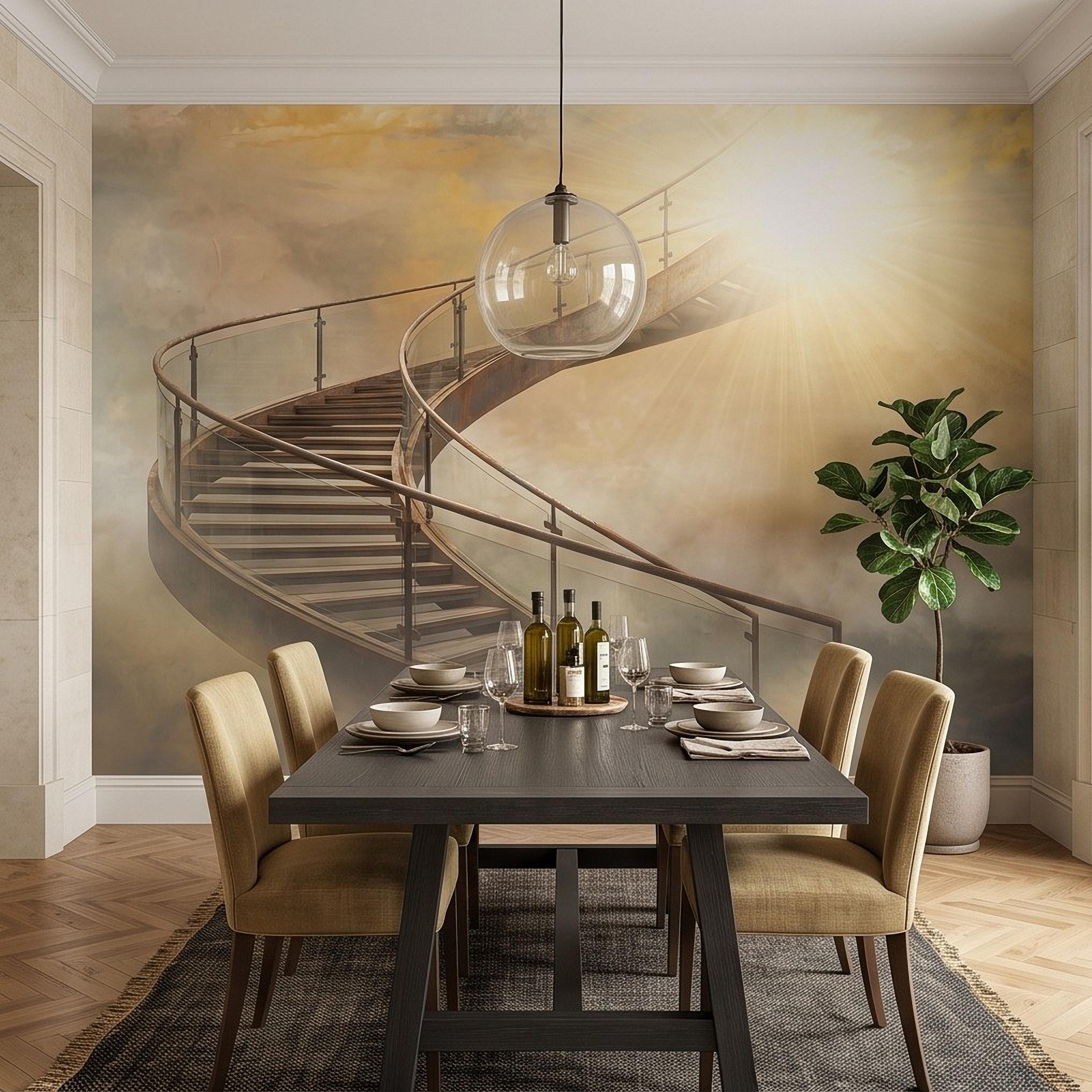 Stairway to Heaven Peel and Stick Wall Mural, Golden Clouds Heavenly Light Spiritual Sky Dreamscape Fantasy Wallpaper