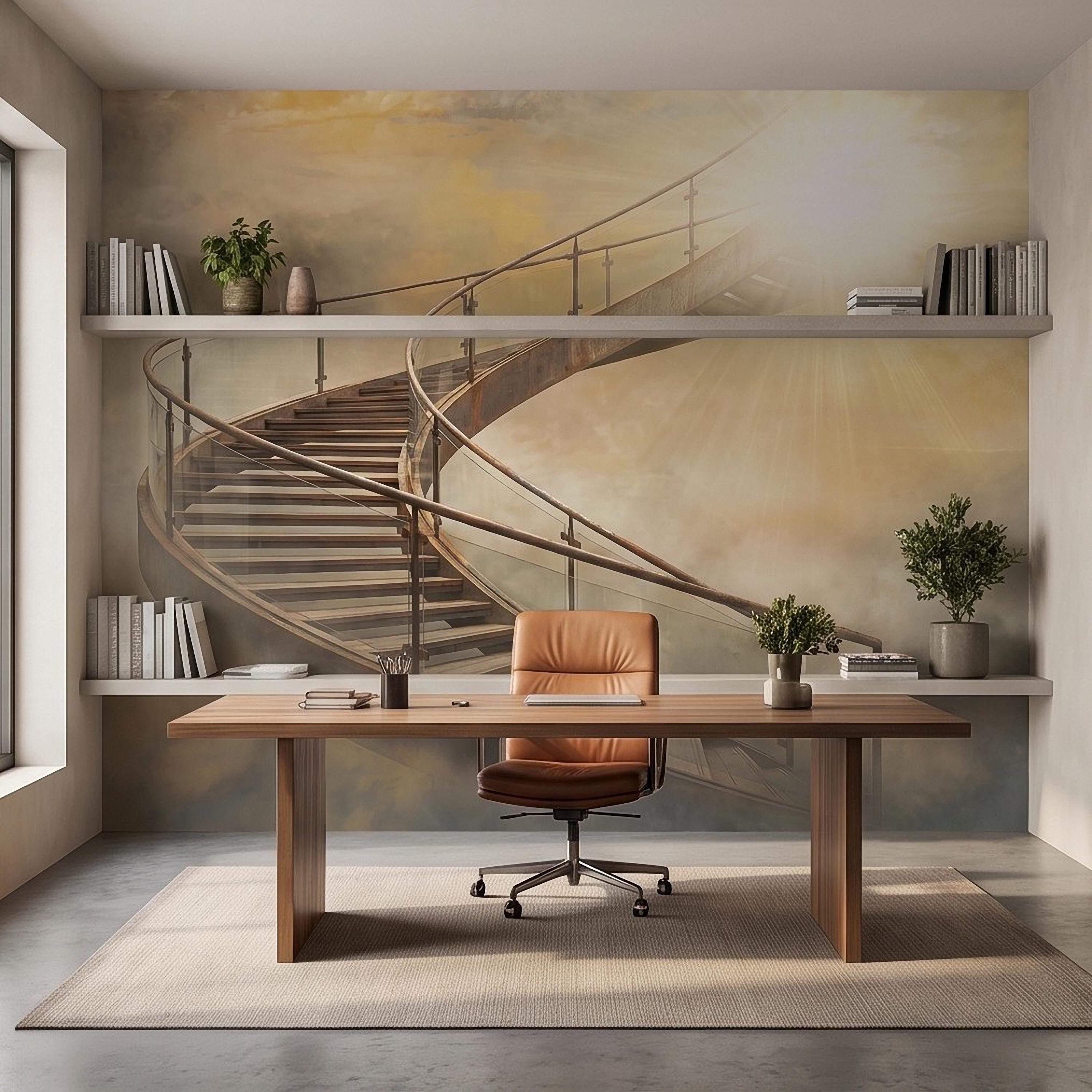 Stairway to Heaven Peel and Stick Wall Mural, Golden Clouds Heavenly Light Spiritual Sky Dreamscape Fantasy Wallpaper