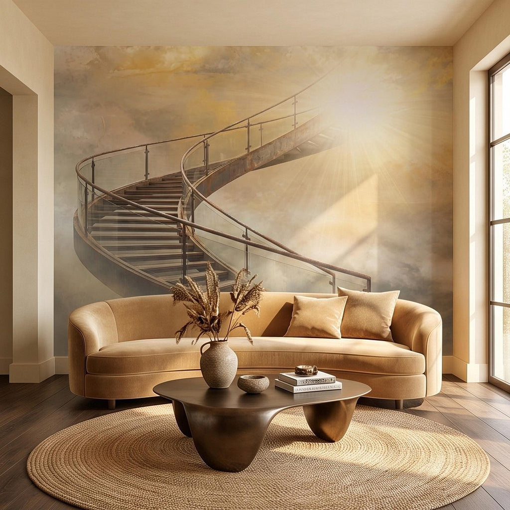 Stairway to Heaven Peel and Stick Wall Mural, Golden Clouds Heavenly Light Spiritual Sky Dreamscape Fantasy Wallpaper