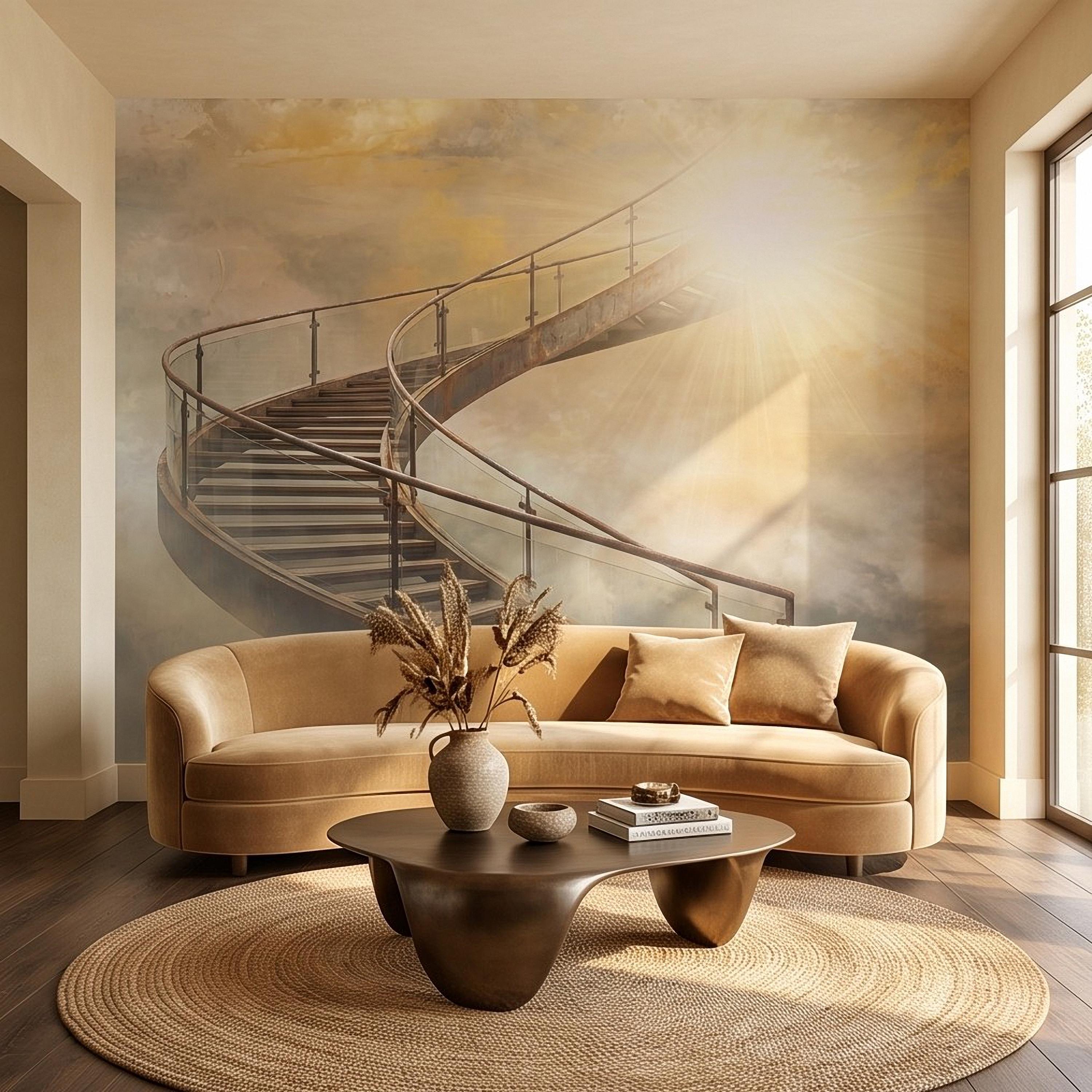 Stairway to Heaven Peel and Stick Wall Mural, Golden Clouds Heavenly Light Spiritual Sky Dreamscape Fantasy Wallpaper