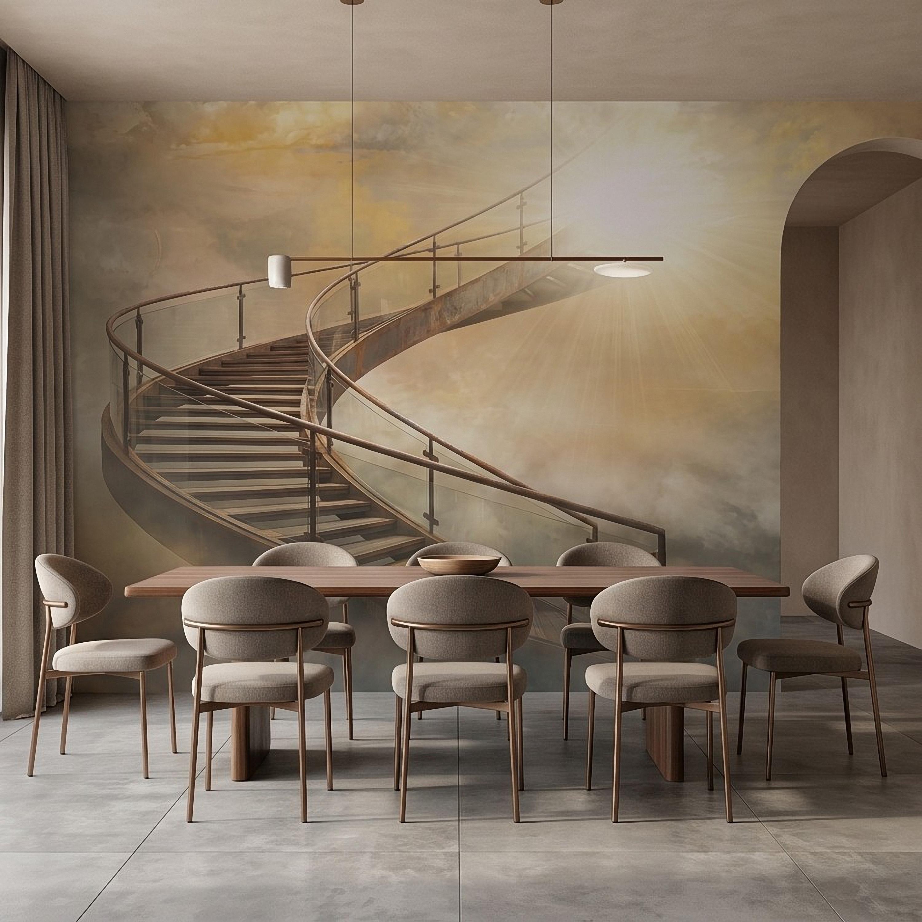 Stairway to Heaven Peel and Stick Wall Mural, Golden Clouds Heavenly Light Spiritual Sky Dreamscape Fantasy Wallpaper