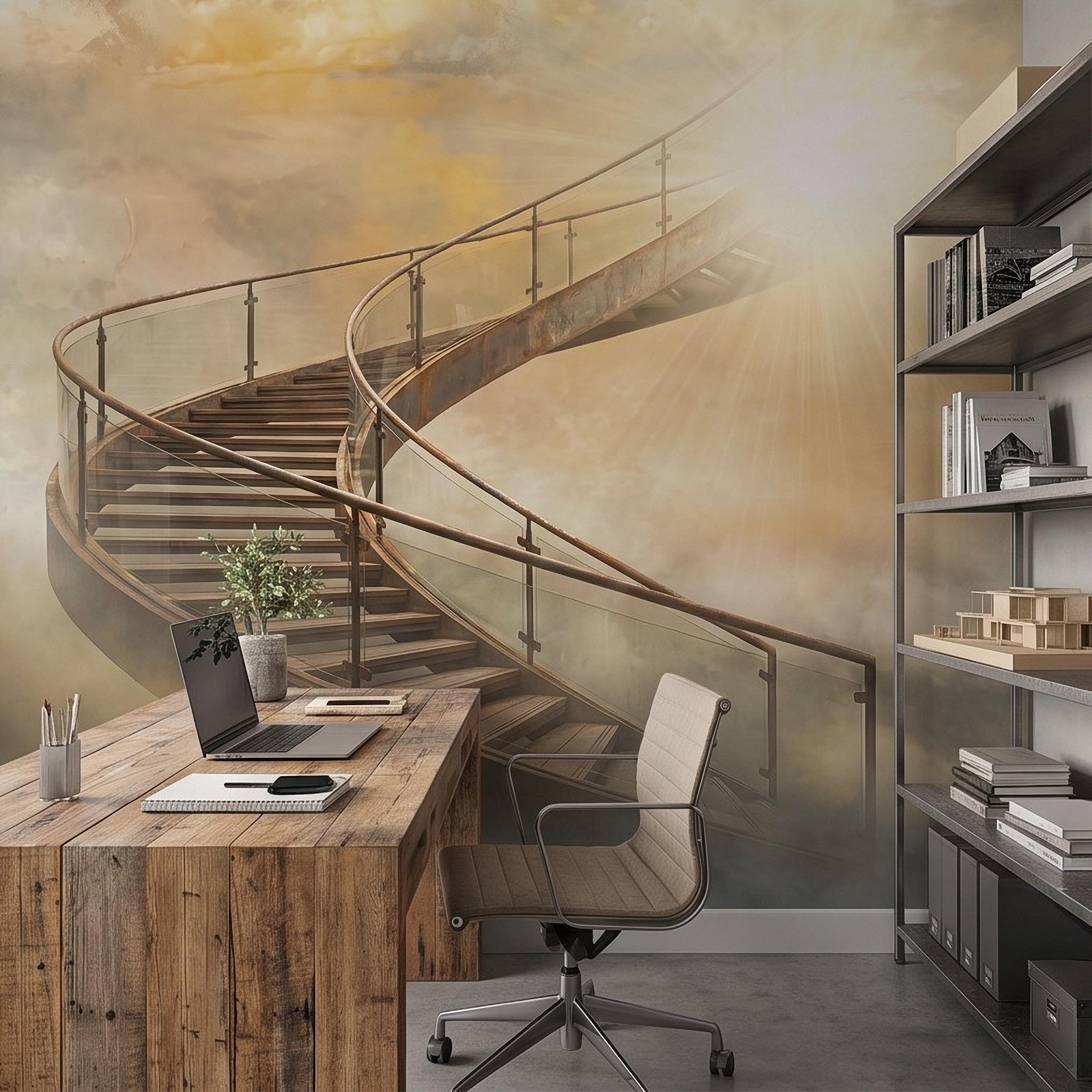 Stairway to Heaven Peel and Stick Wall Mural, Golden Clouds Heavenly Light Spiritual Sky Dreamscape Fantasy Wallpaper