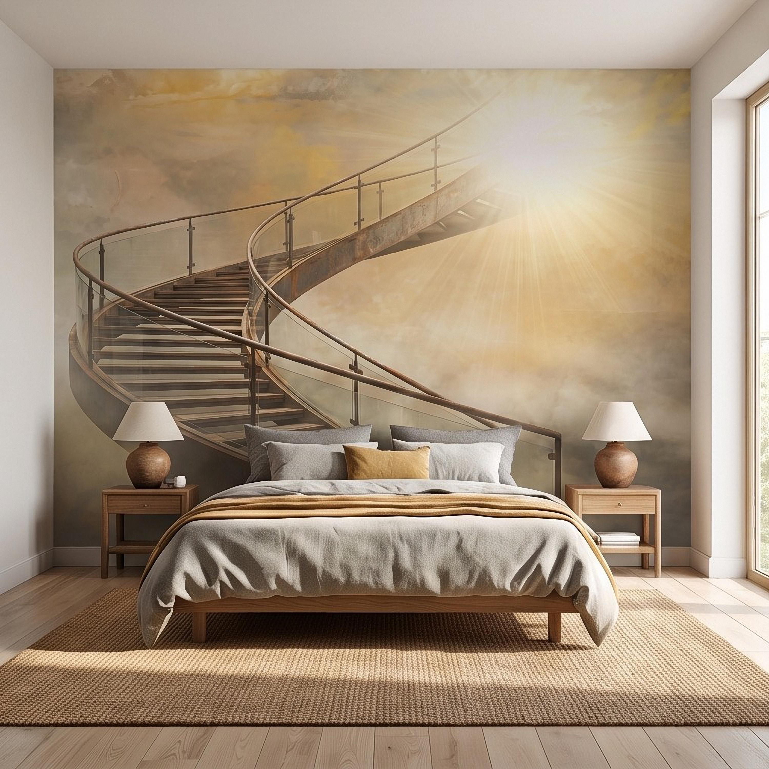 Stairway to Heaven Peel and Stick Wall Mural, Golden Clouds Heavenly Light Spiritual Sky Dreamscape Fantasy Wallpaper