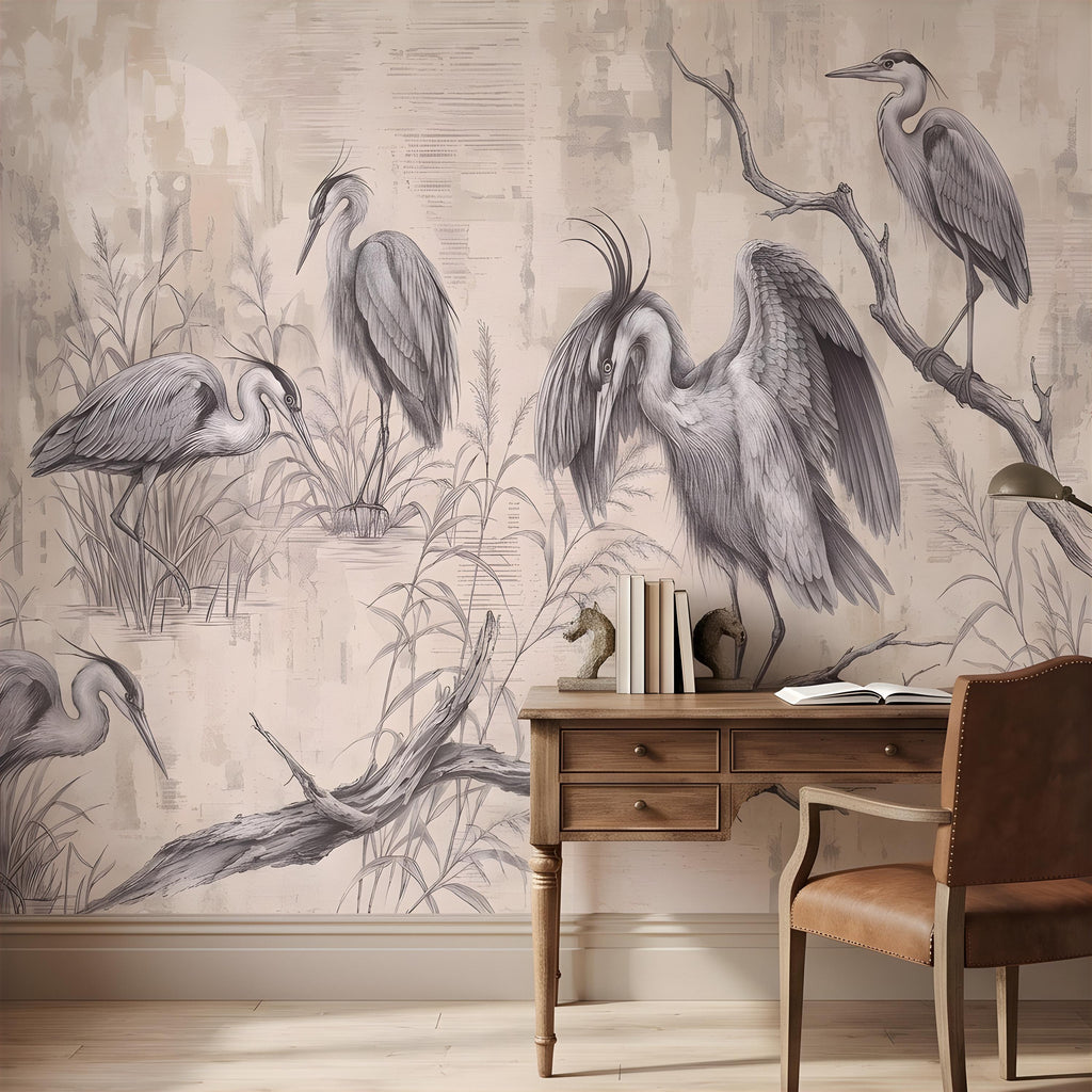 Vintage Heron Peel and Stick Wall Mural, Antique Marsh Waterbirds Coastal Wetland Scene Nature Wallpaper
