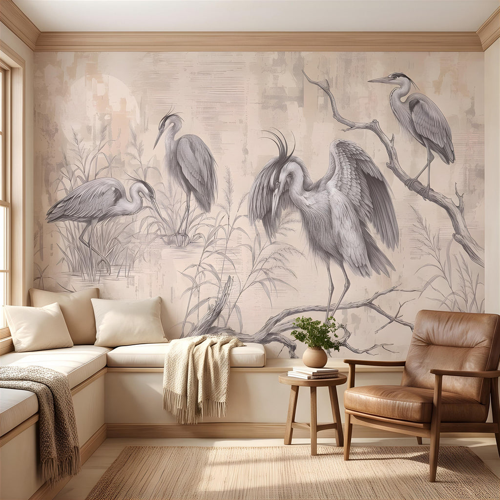 Vintage Heron Peel and Stick Wall Mural, Antique Marsh Waterbirds Coastal Wetland Scene Nature Wallpaper