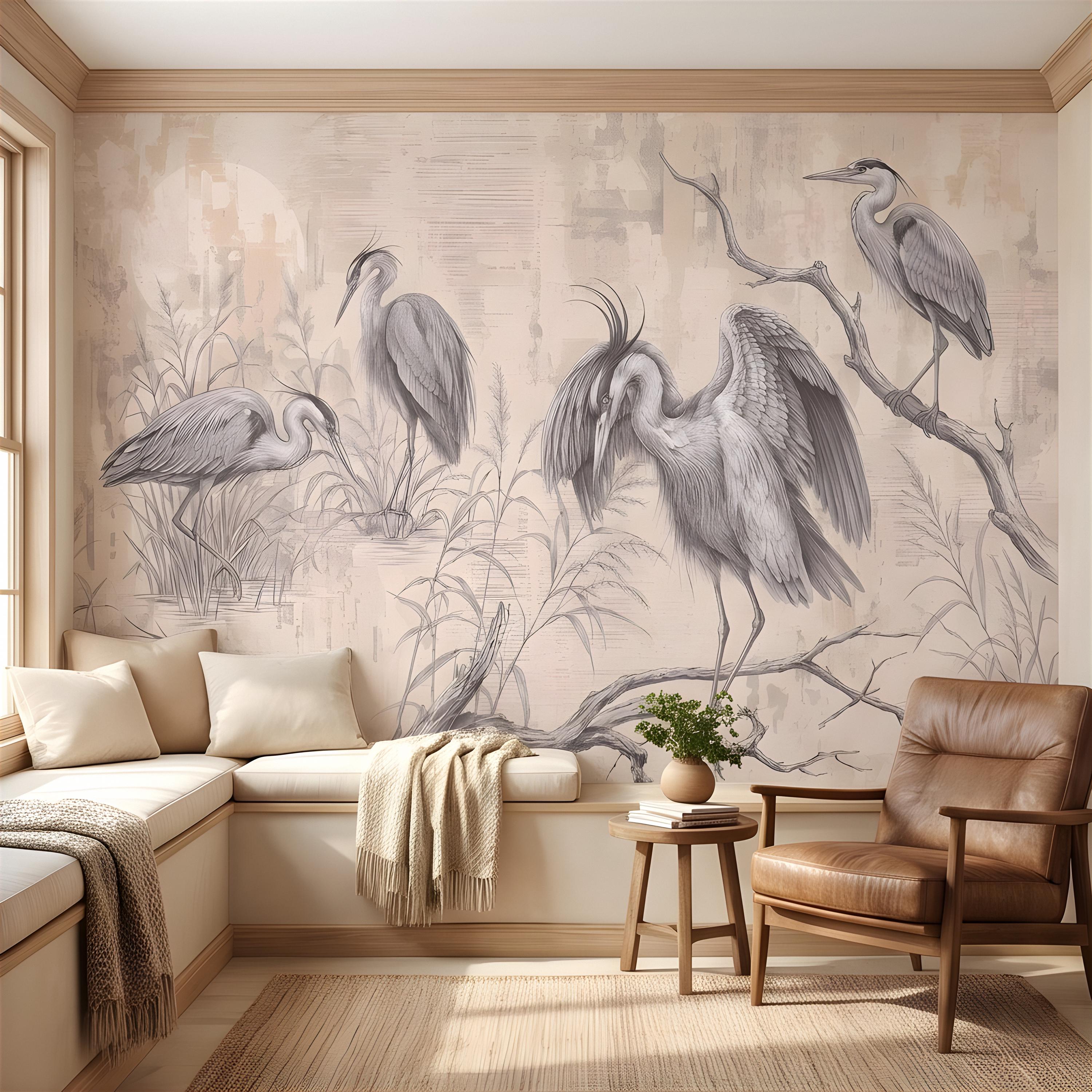 Vintage Heron Peel and Stick Wall Mural, Antique Marsh Waterbirds Coastal Wetland Scene Nature Wallpaper