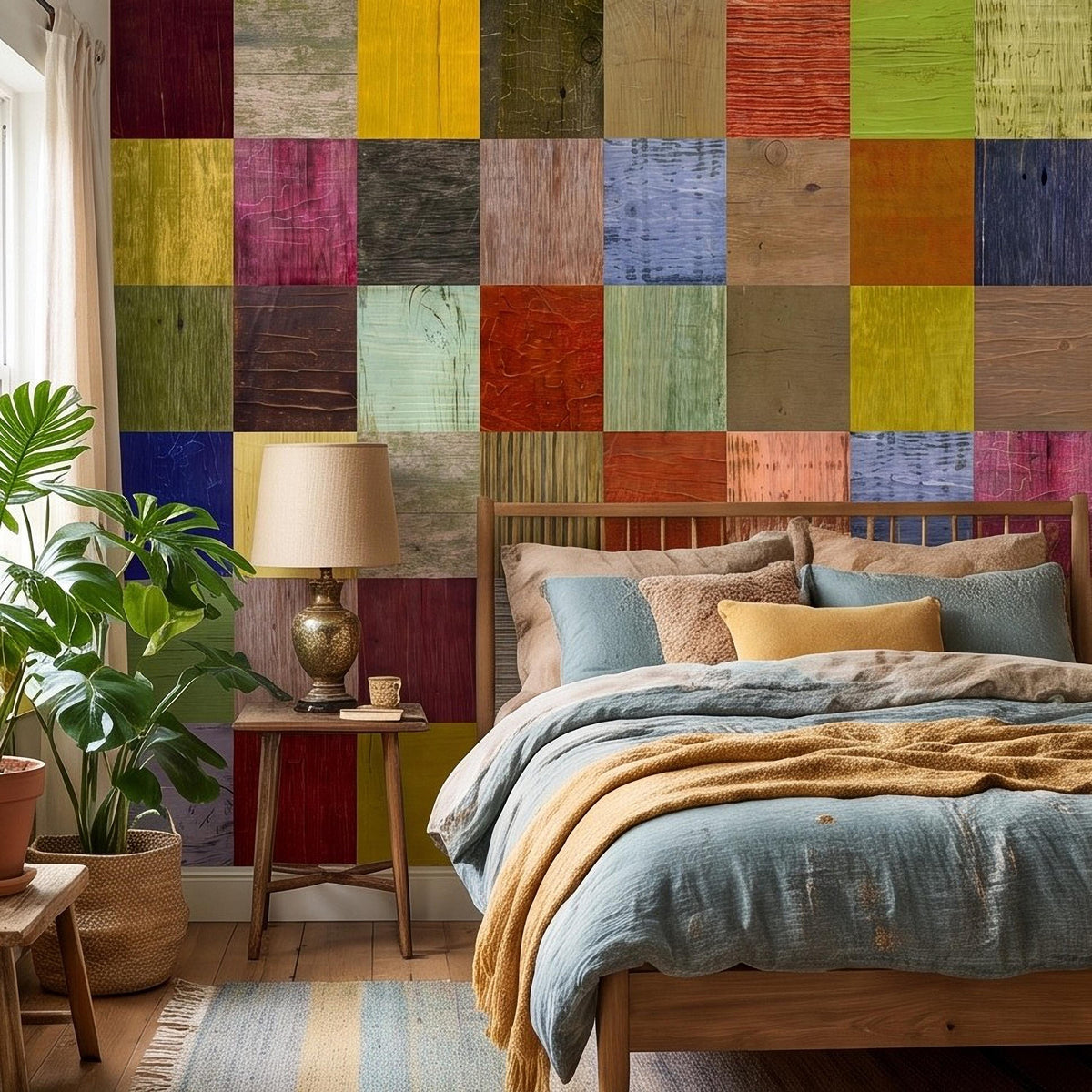Colorful reclaimed-wood patchwork plank wall mural in stacked multicolor squares