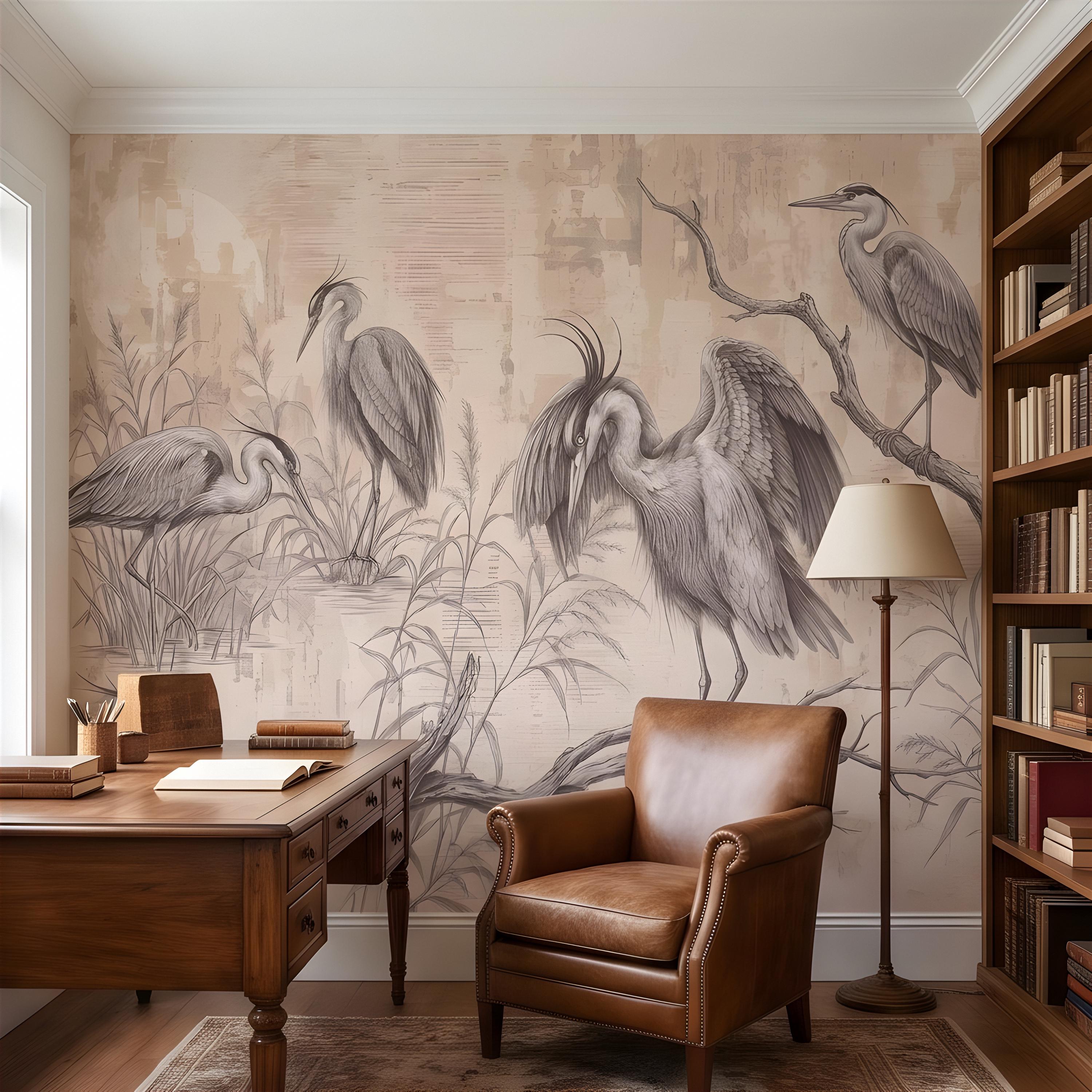 Vintage Heron Peel and Stick Wall Mural, Antique Marsh Waterbirds Coastal Wetland Scene Nature Wallpaper
