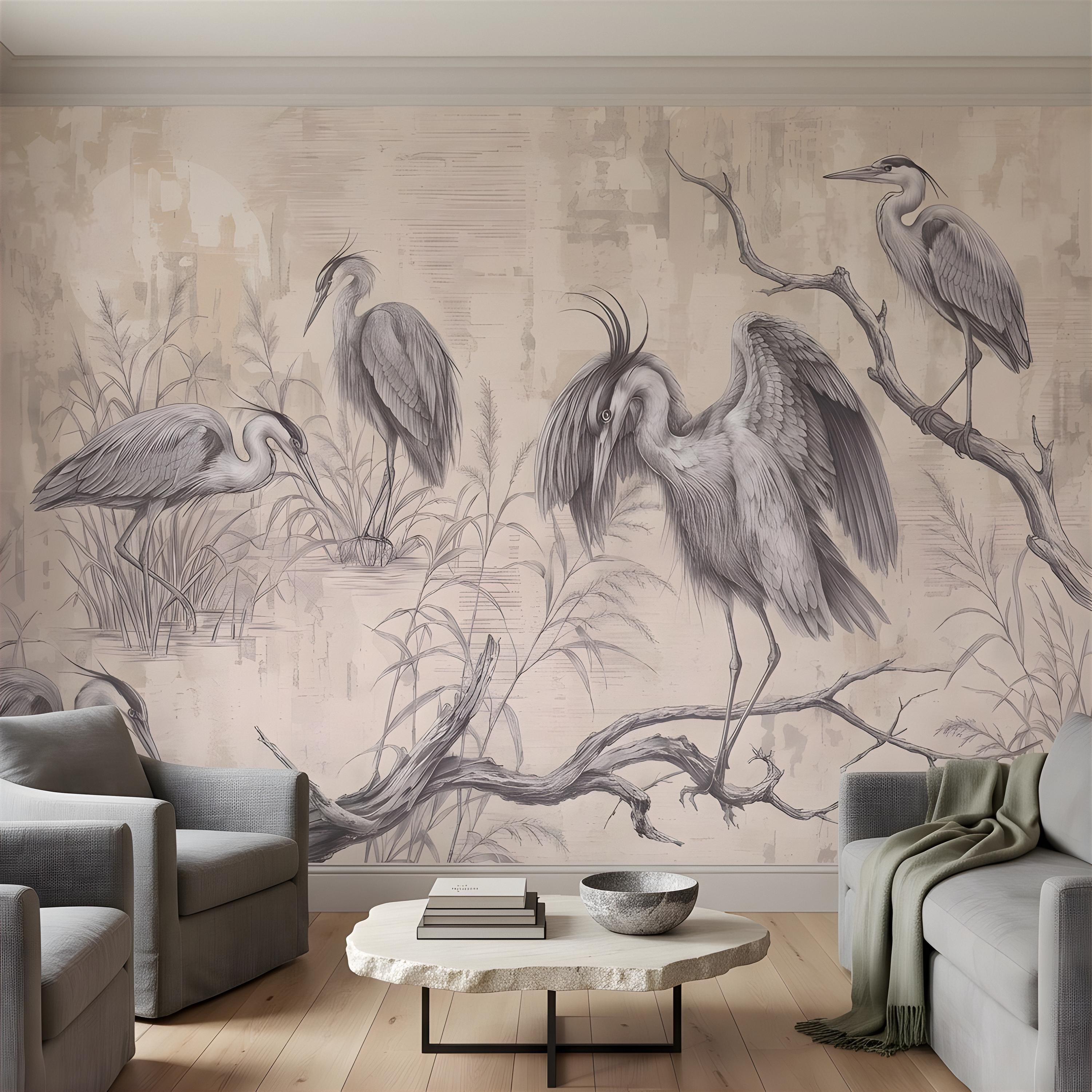 Vintage Heron Peel and Stick Wall Mural, Antique Marsh Waterbirds Coastal Wetland Scene Nature Wallpaper