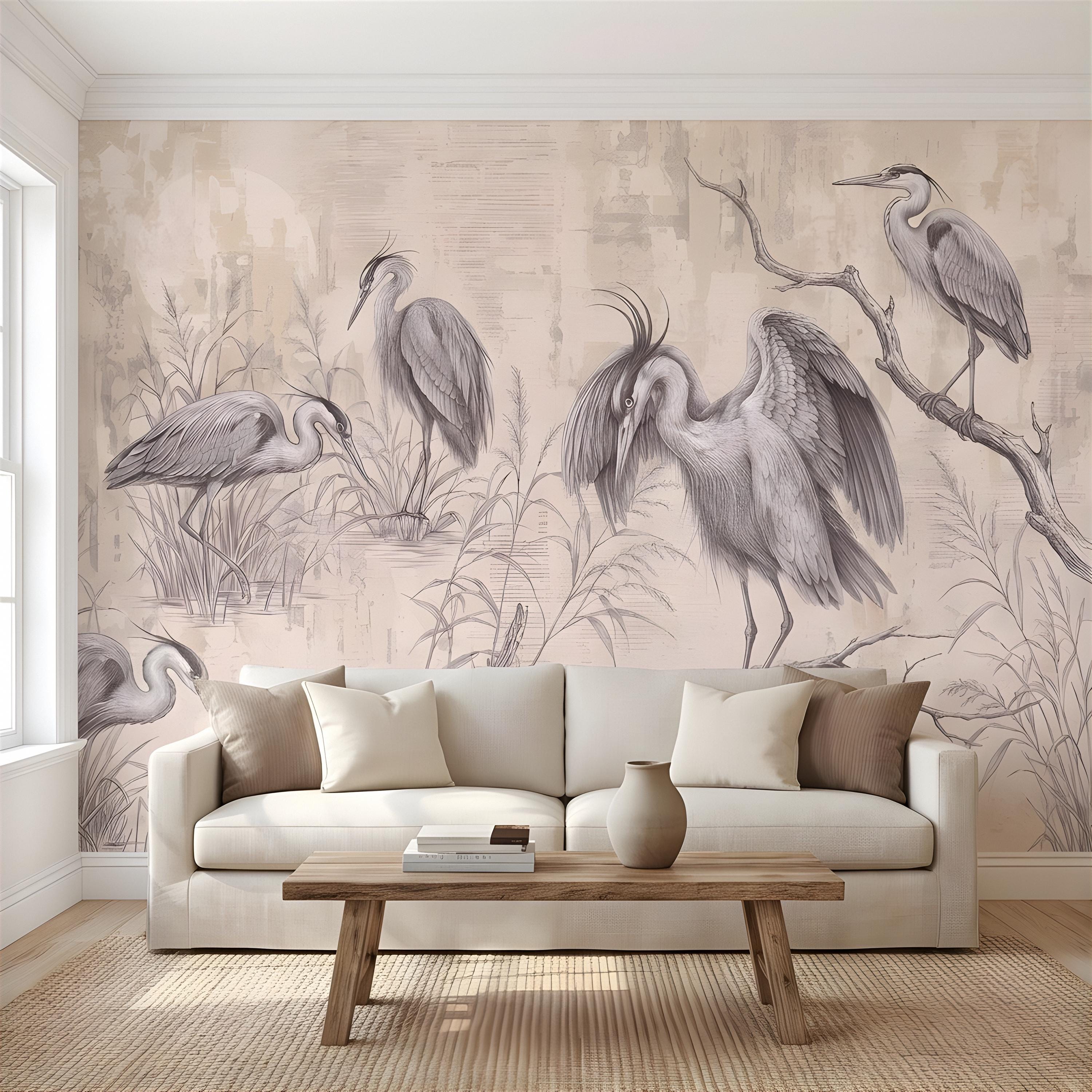 Vintage Heron Peel and Stick Wall Mural, Antique Marsh Waterbirds Coastal Wetland Scene Nature Wallpaper