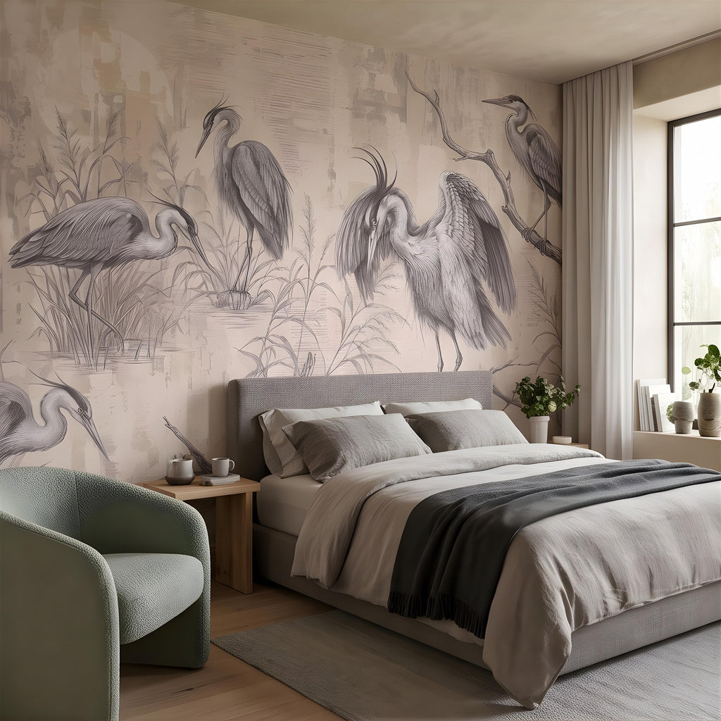 Vintage Heron Peel and Stick Wall Mural, Antique Marsh Waterbirds Coastal Wetland Scene Nature Wallpaper