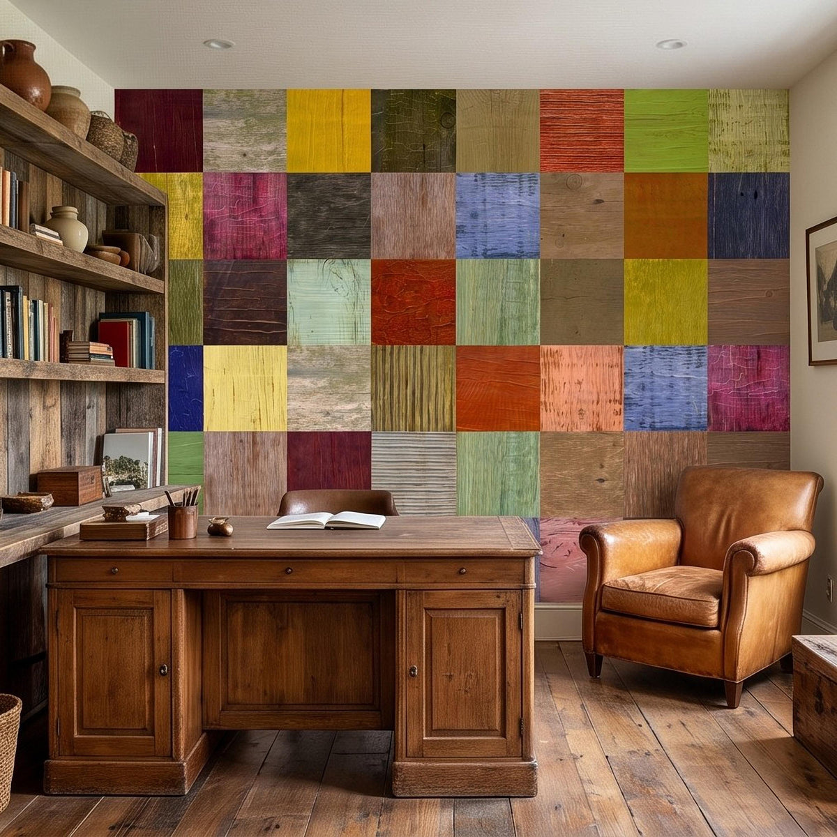 Colorful multicolor wooden plank patchwork wall mural with square tile layout