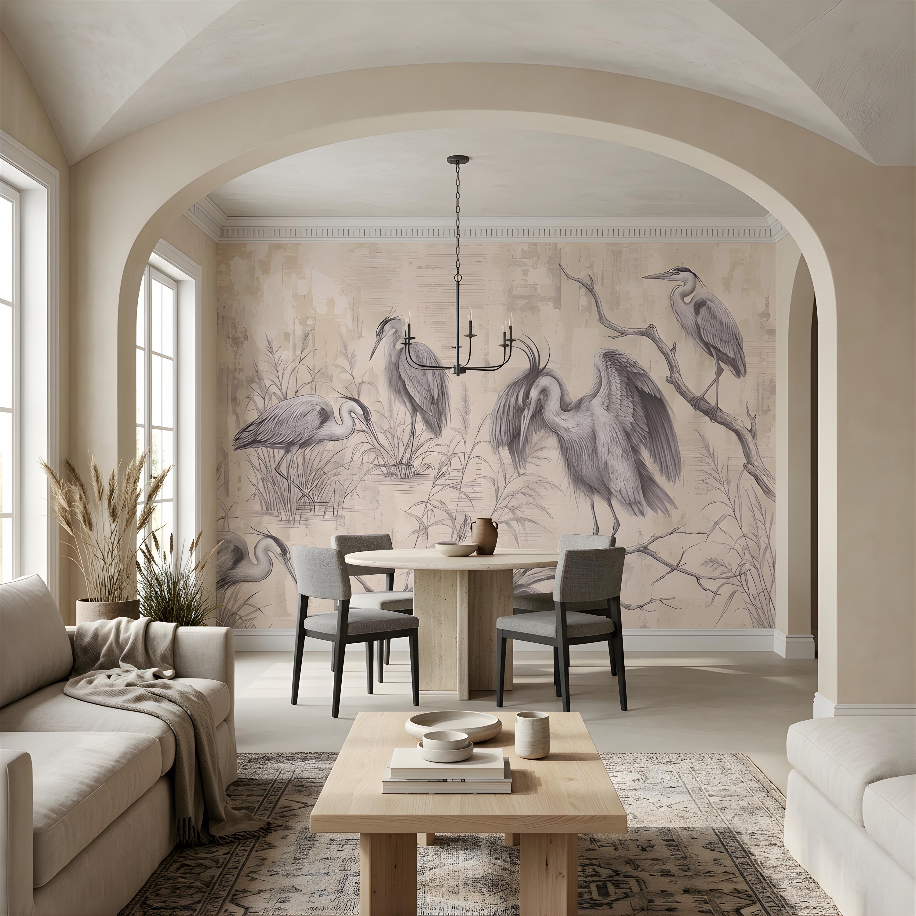 Vintage Heron Peel and Stick Wall Mural, Antique Marsh Waterbirds Coastal Wetland Scene Nature Wallpaper