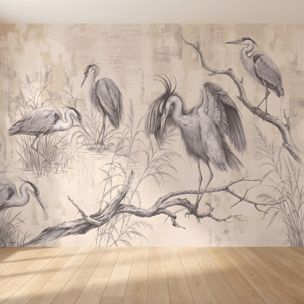 Vintage Heron Peel and Stick Wall Mural, Antique Marsh Waterbirds Coastal Wetland Scene Nature Wallpaper