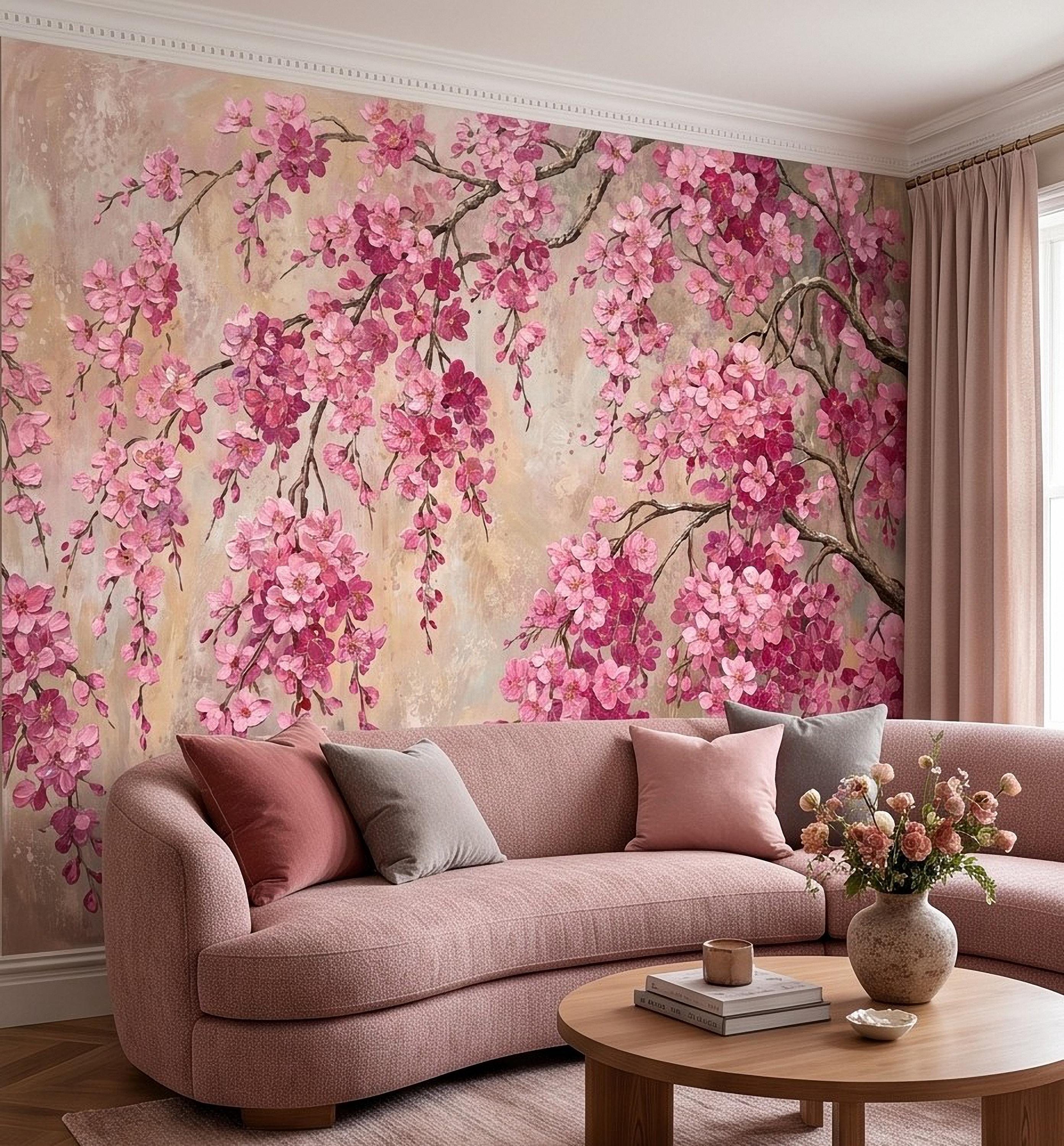 Cherry Blossom Peel and Stick Wall Mural, Pink Sakura Branches Floral Oil Painting Romantic Japanese Spring Wallpaper