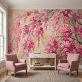 Cherry Blossom Peel and Stick Wall Mural, Pink Sakura Branches Floral Oil Painting Romantic Japanese Spring Wallpaper