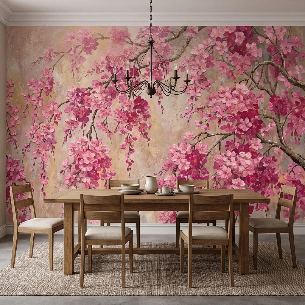 Cherry Blossom Peel and Stick Wall Mural, Pink Sakura Branches Floral Oil Painting Romantic Japanese Spring Wallpaper