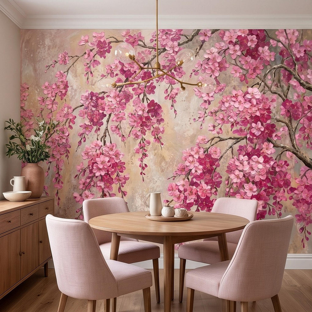 Cherry Blossom Peel and Stick Wall Mural, Pink Sakura Branches Floral Oil Painting Romantic Japanese Spring Wallpaper